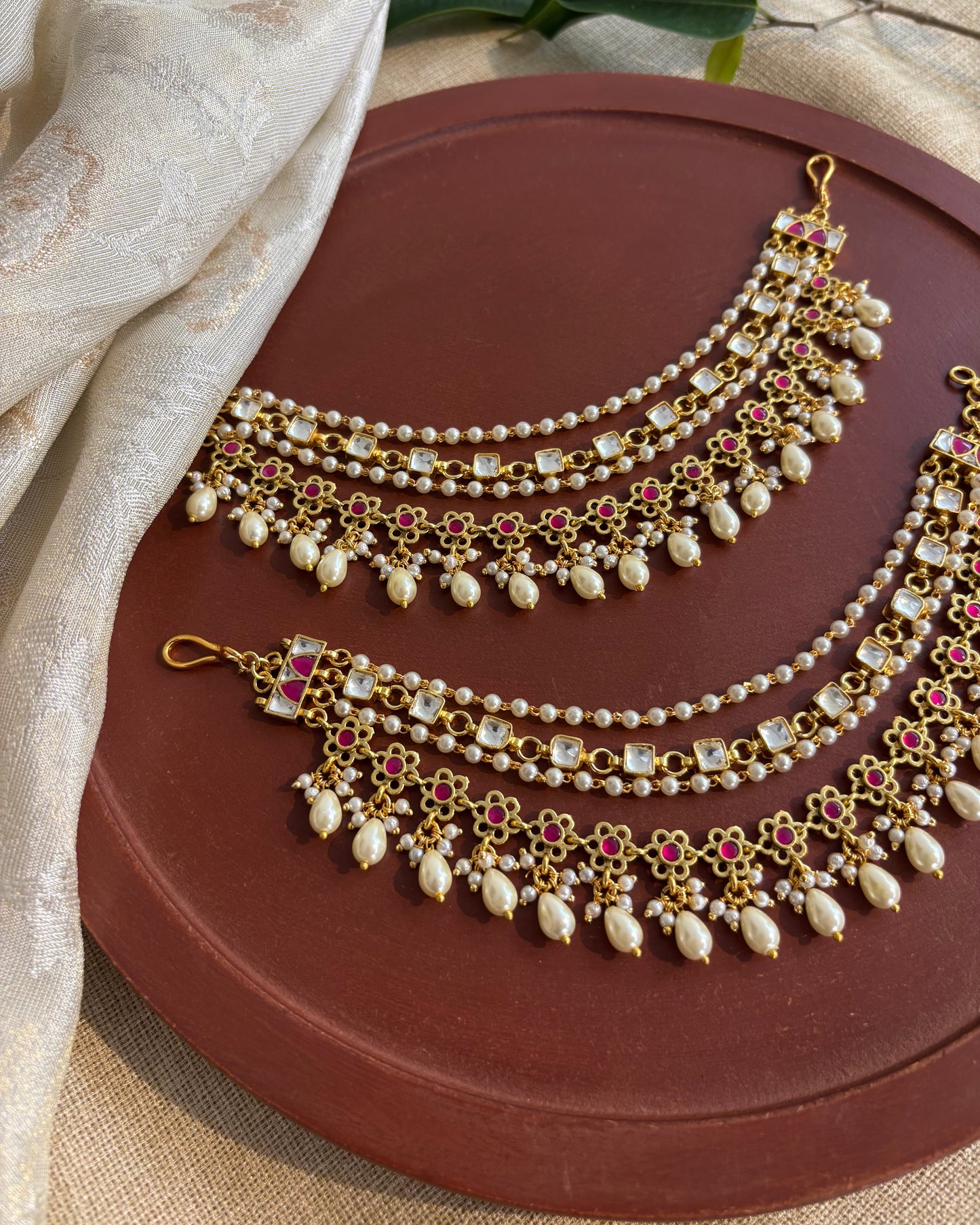 Floral Ruby & Gold Kundan Pearl Four Layer Ear Chain | EC107