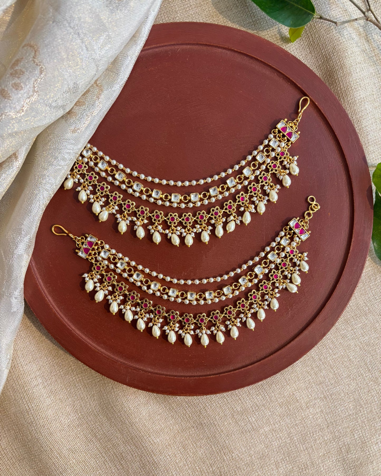 Floral Ruby & Gold Kundan Pearl Four Layer Ear Chain | EC107