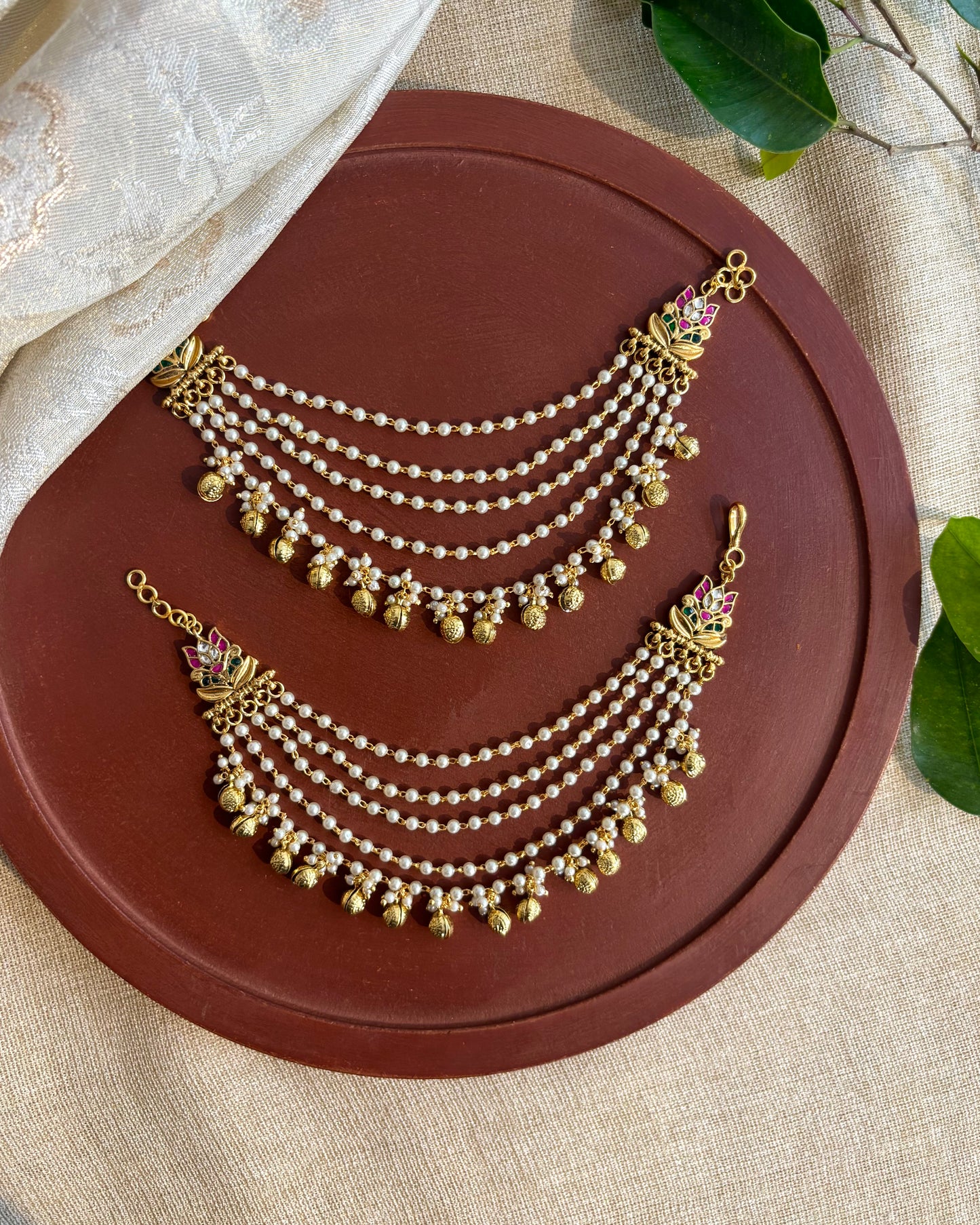Gold Plated Triple Layered Jadau Kundan Pearl Ear Chain | EC108