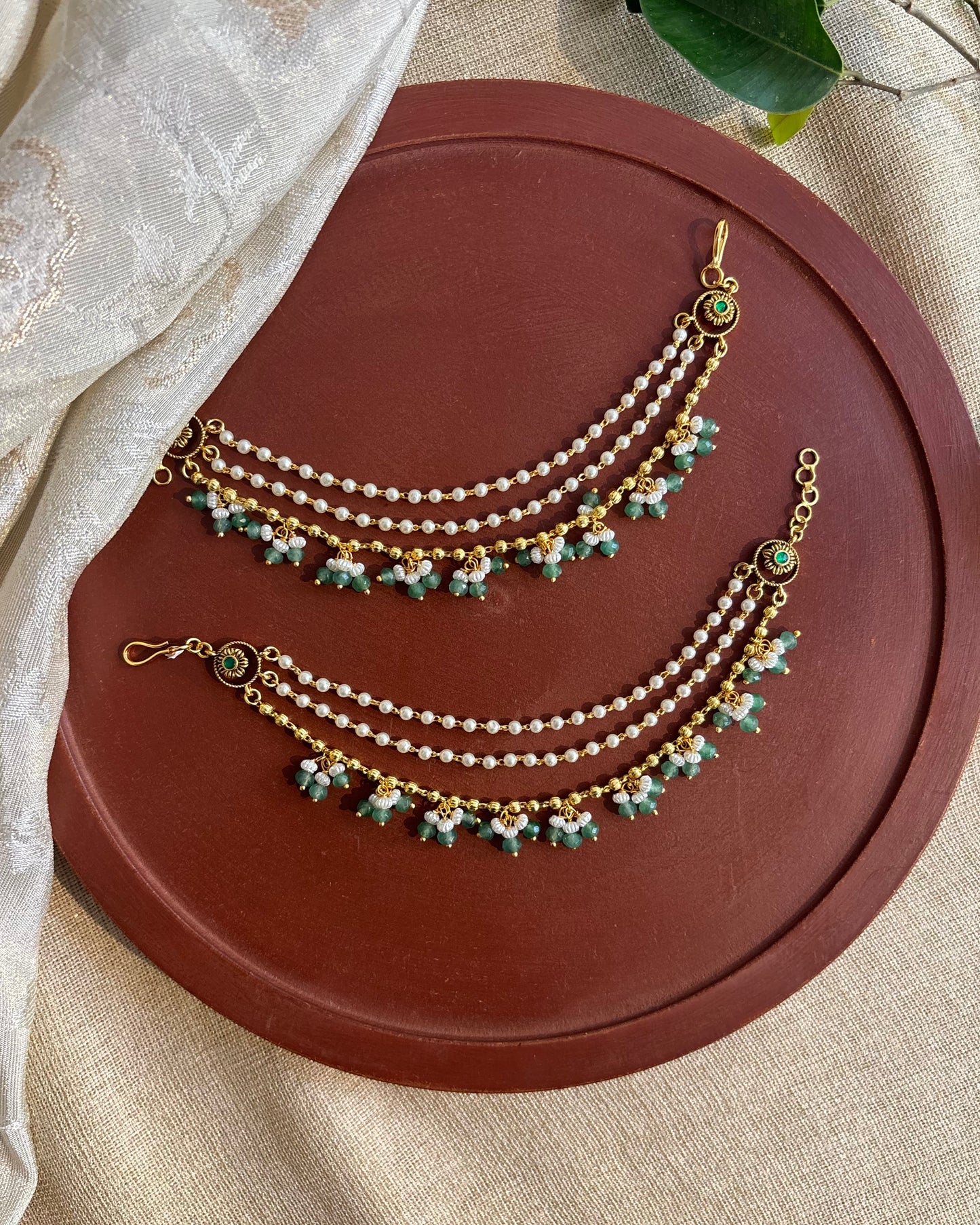 Minimal 3-Layer Pearl Kundan Ear Chain | Mint Green | EC109
