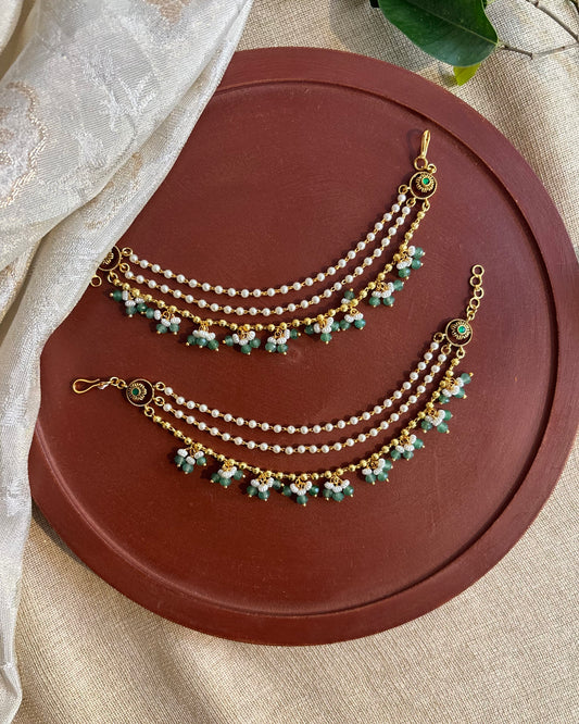 Minimal 3-Layer Pearl Kundan Ear Chain | Mint Green | EC109