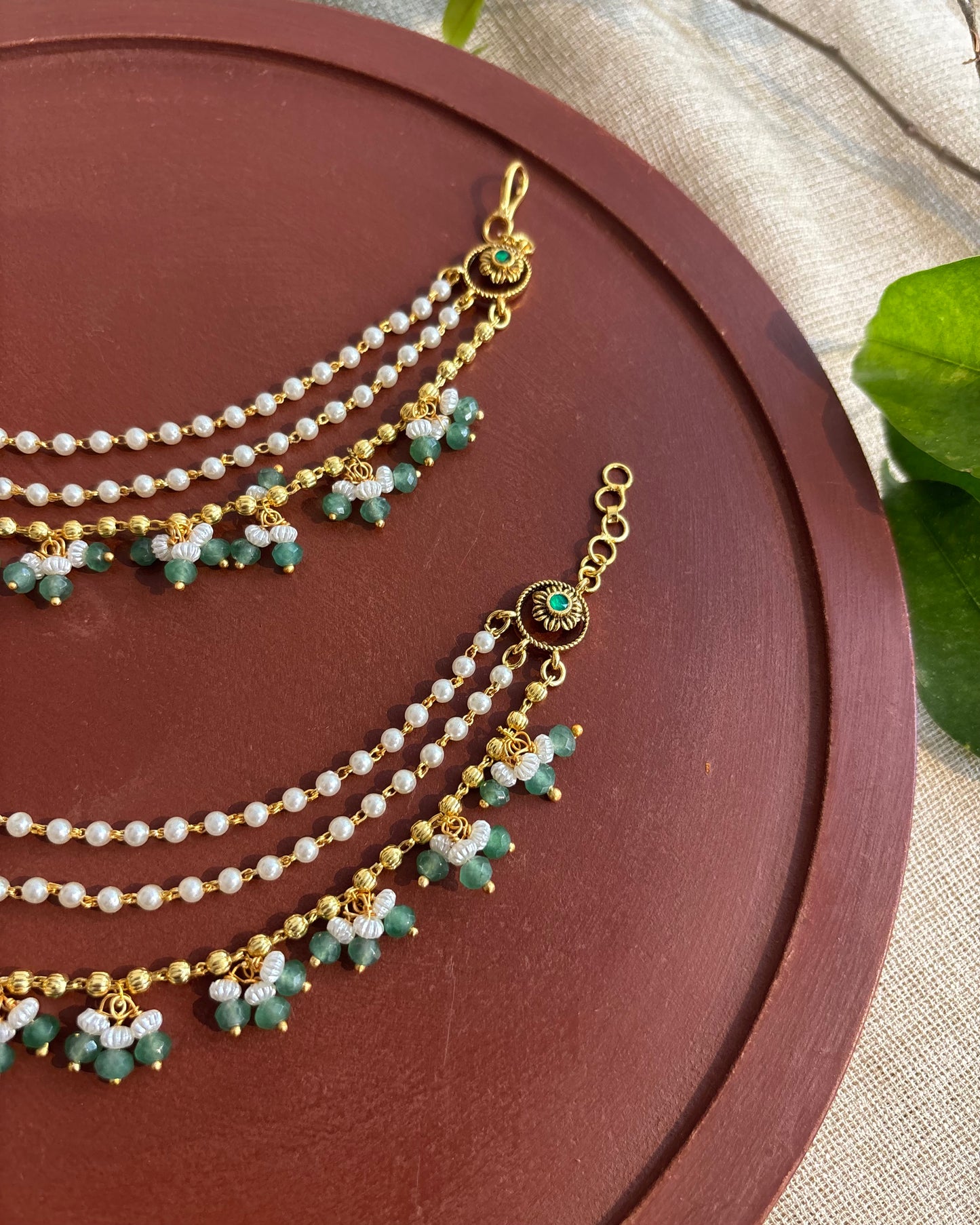 Minimal 3-Layer Pearl Kundan Ear Chain | Mint Green | EC109