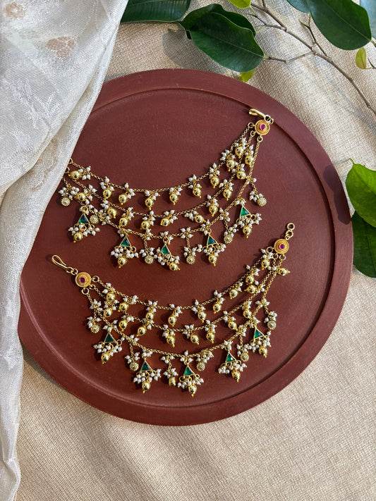 Green Color Gold Plated Jadau Kundan Ear Chain | EC110