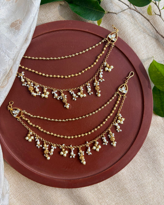 Bridal Jadau Kundan Three-Layer Ear Chain – Gold | EC112