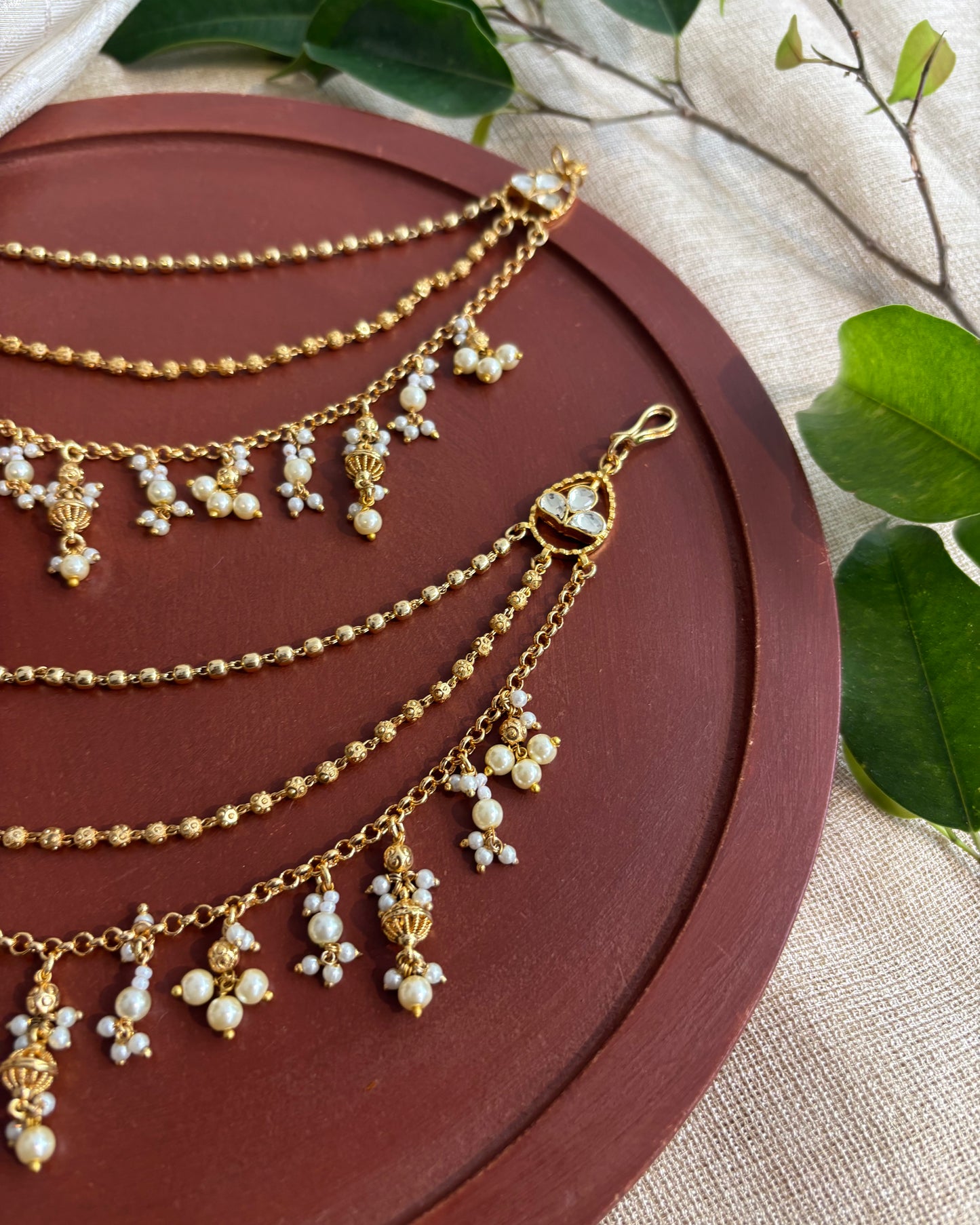 Bridal Jadau Kundan Three-Layer Ear Chain – Gold | EC112