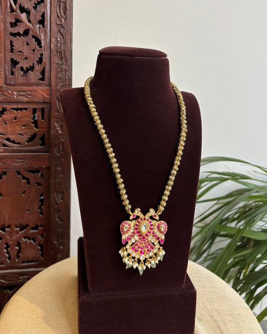 2-in-1 Gandaperunda Reversible Necklace Set – Pink & Green with Matching Earrings | NC400
