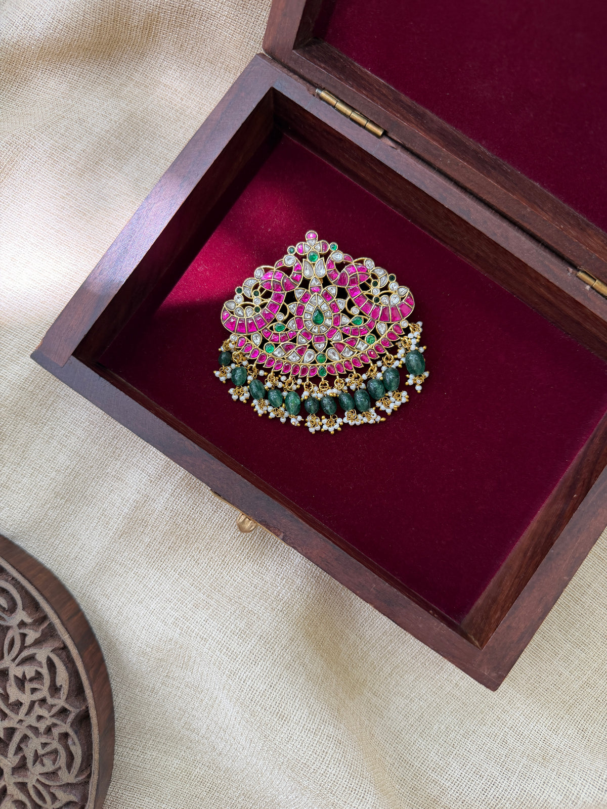 Royal Multicolour Peacock Kundan Pendant | Jadau Floral Design with Pearl Drop | Handmade Gold Plated | HA397