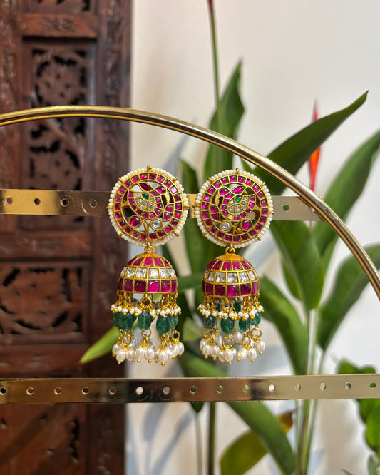 Bridal Jadau Kundan Jhumkas with Pearls & Strawberry Beads | ER142