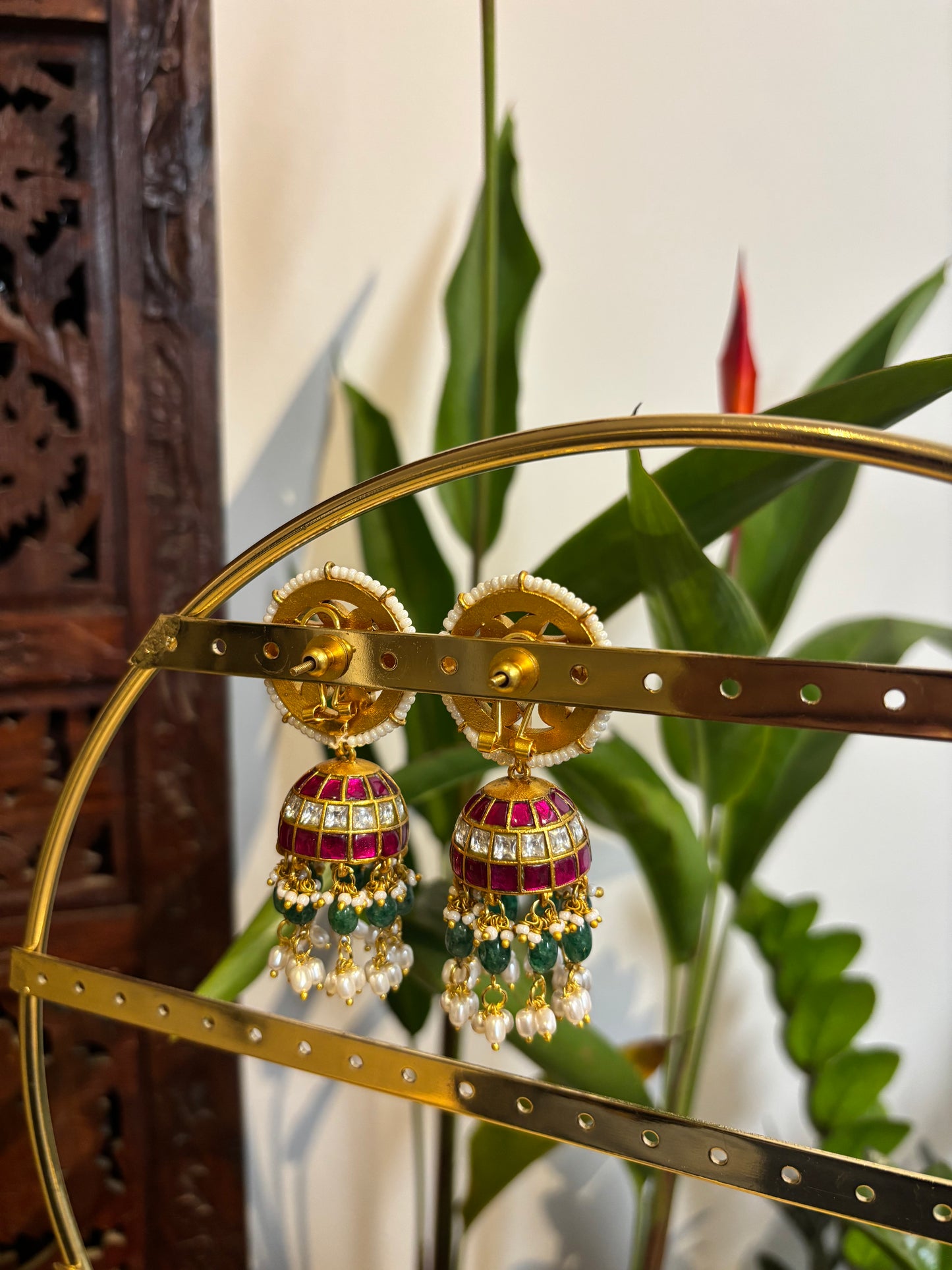 Bridal Jadau Kundan Jhumkas with Pearls & Strawberry Beads | ER142