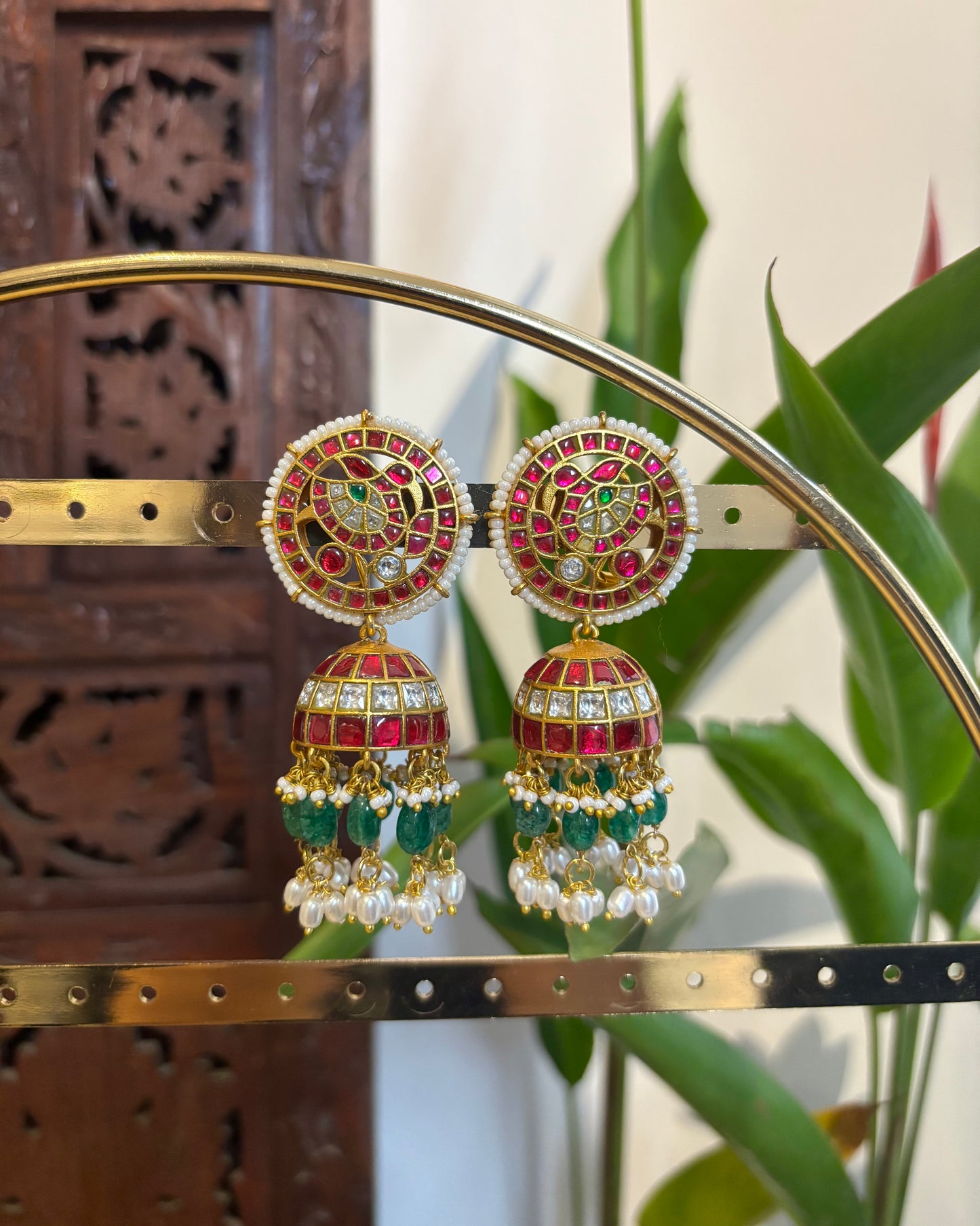 Bridal Jadau Kundan Jhumkas with Pearls & Strawberry Beads | ER142