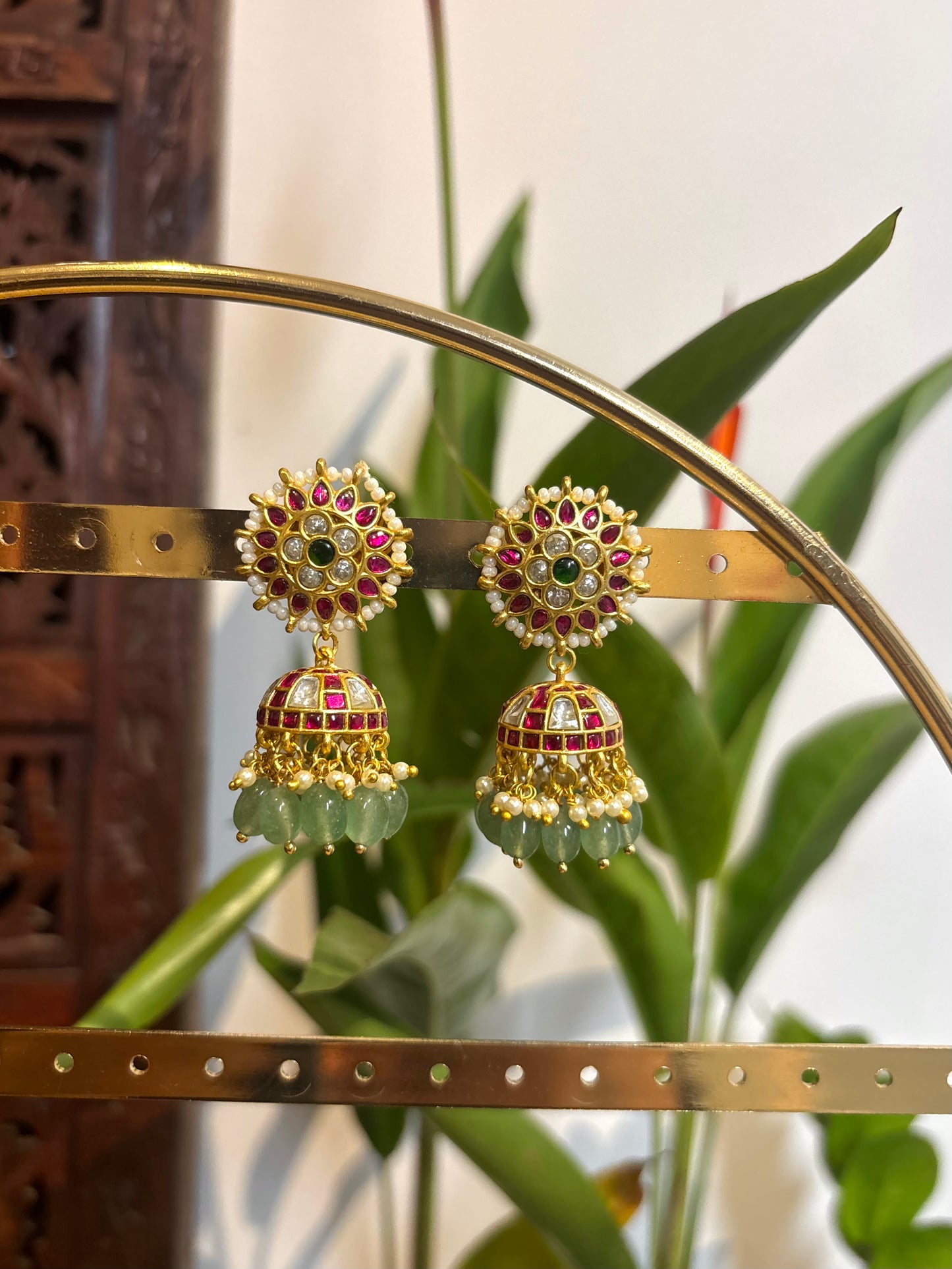 Multicolor Floral Jadau Kundan Jhumkas with Pearl Hangings | ER145