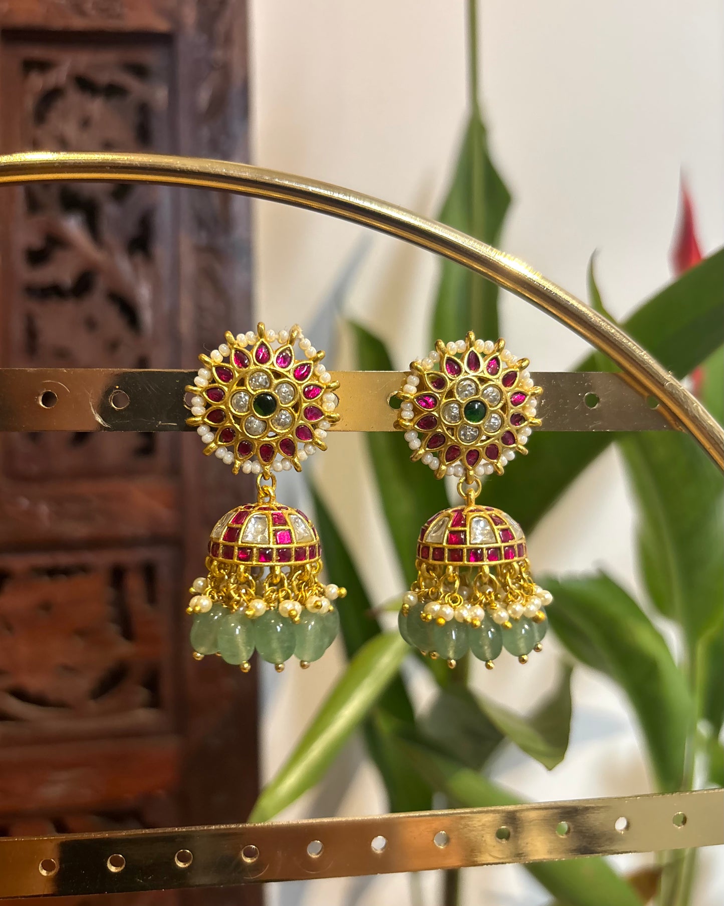 Multicolor Floral Jadau Kundan Jhumkas with Pearl Hangings | ER145