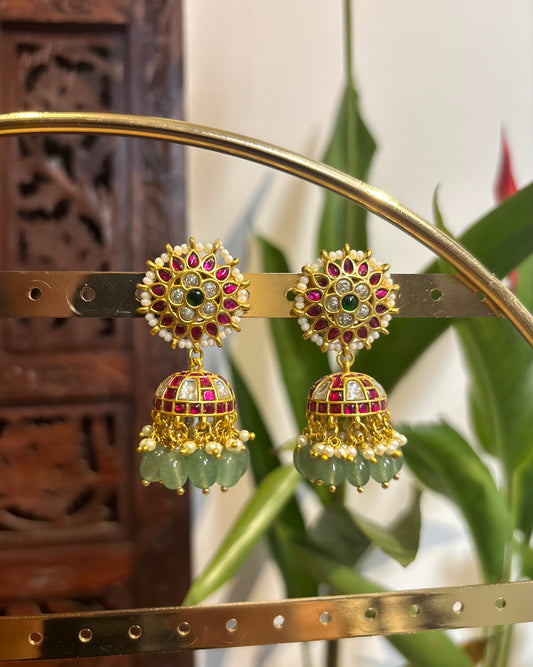 Multicolor Floral Jadau Kundan Jhumkas with Pearl Hangings | ER145