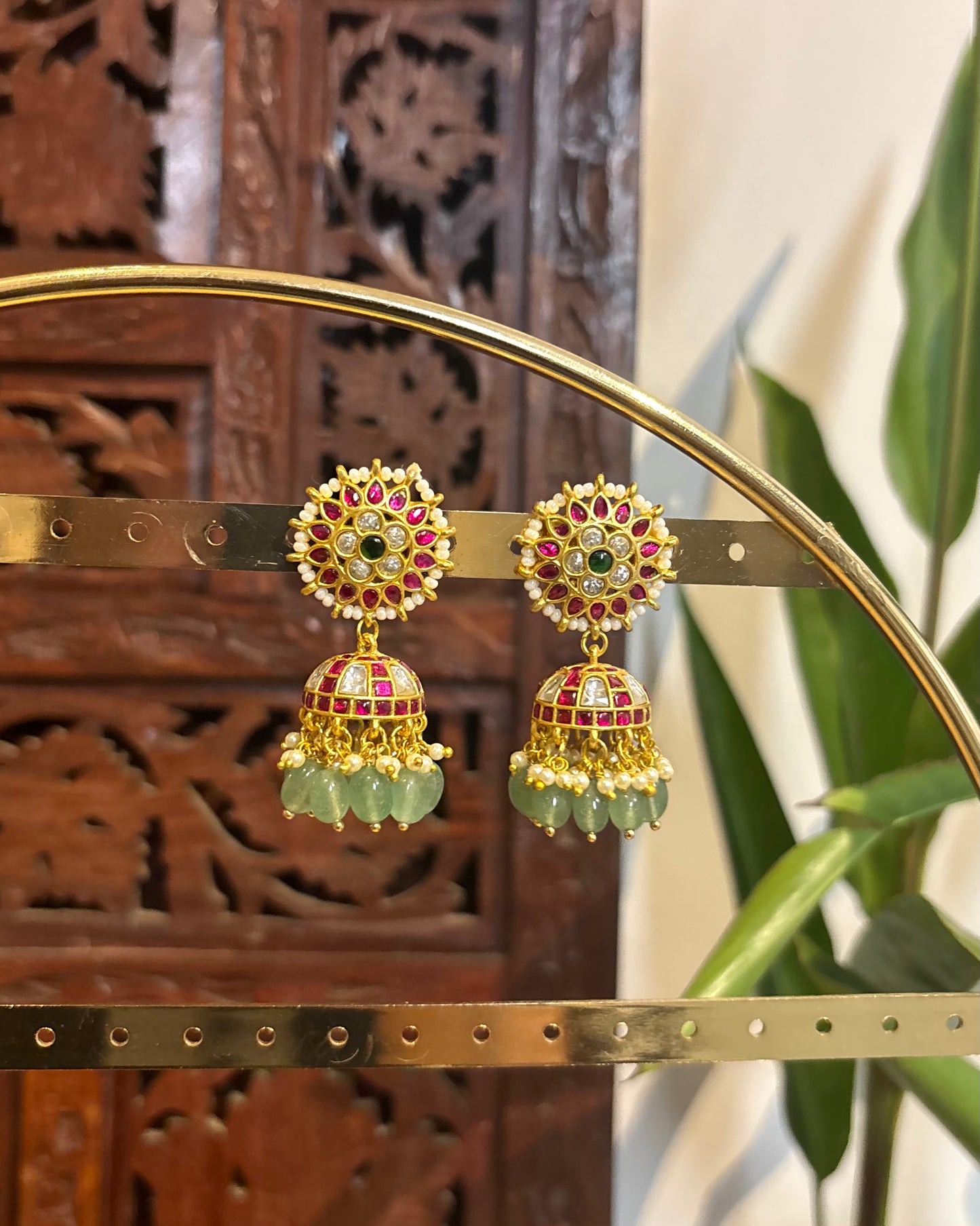 Multicolor Floral Jadau Kundan Jhumkas with Pearl Hangings | ER145