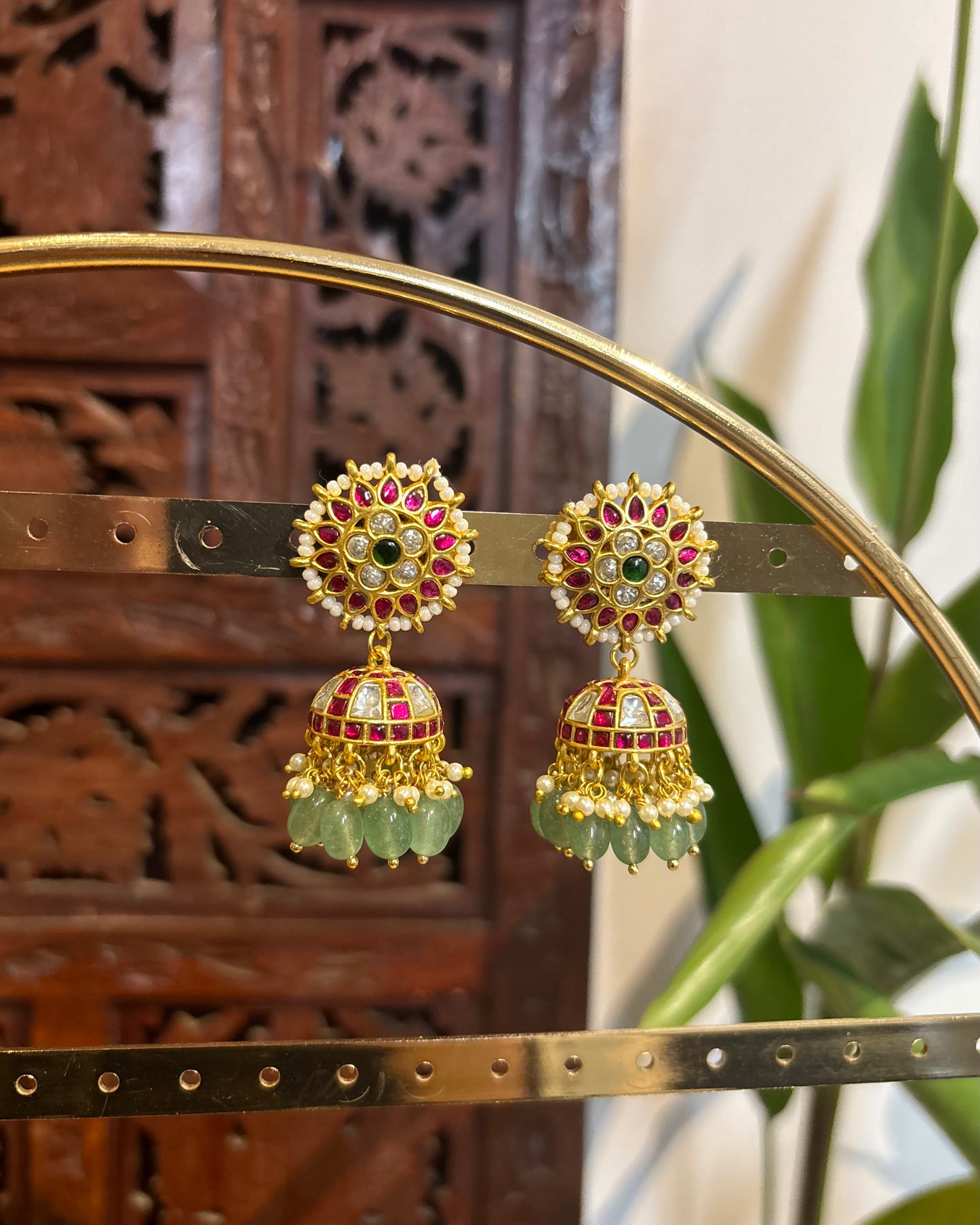 Multicolor Floral Jadau Kundan Jhumkas with Pearl Hangings | ER145