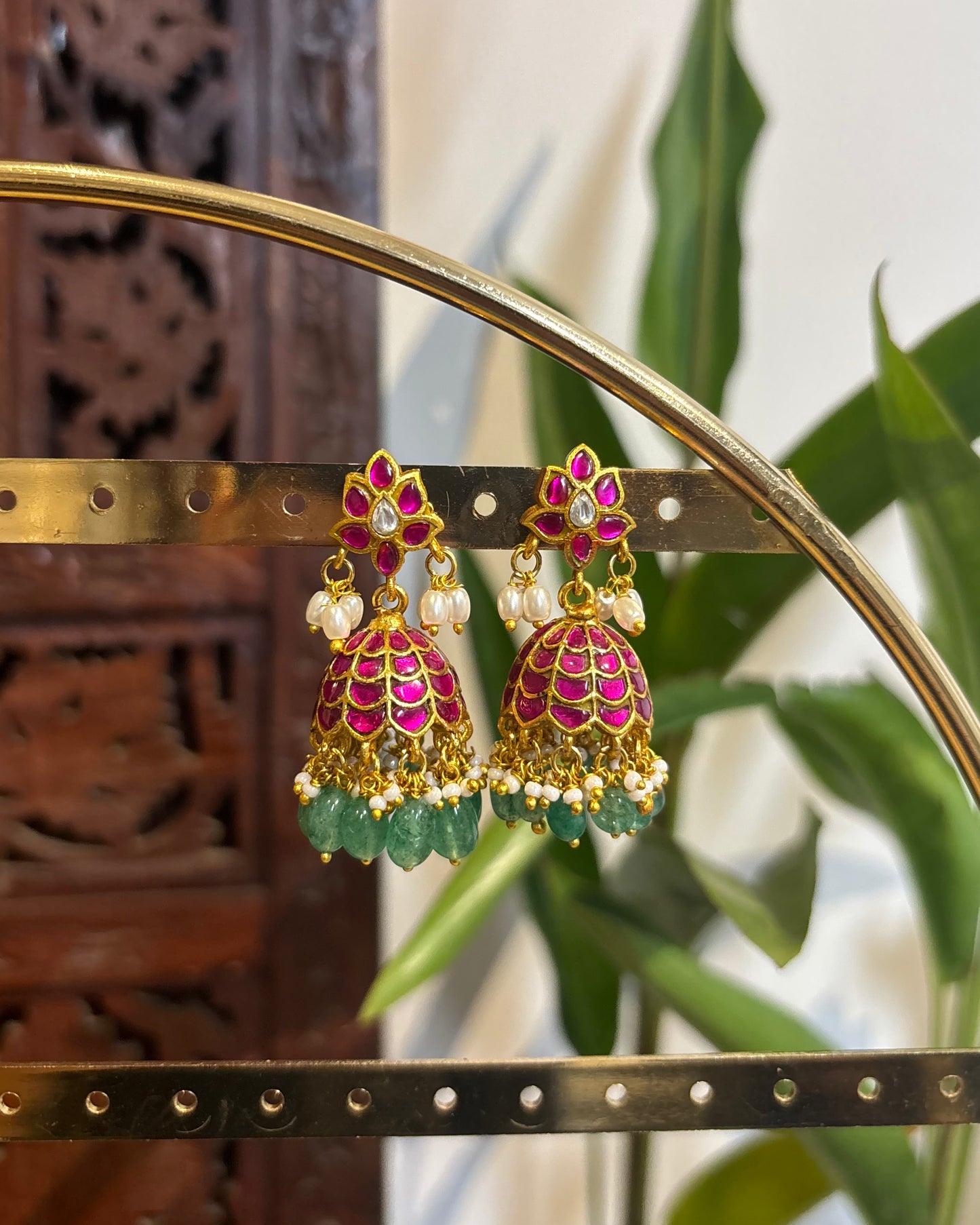 Pink FloralJadau Kundan Jhumkas with Hangings | ER148