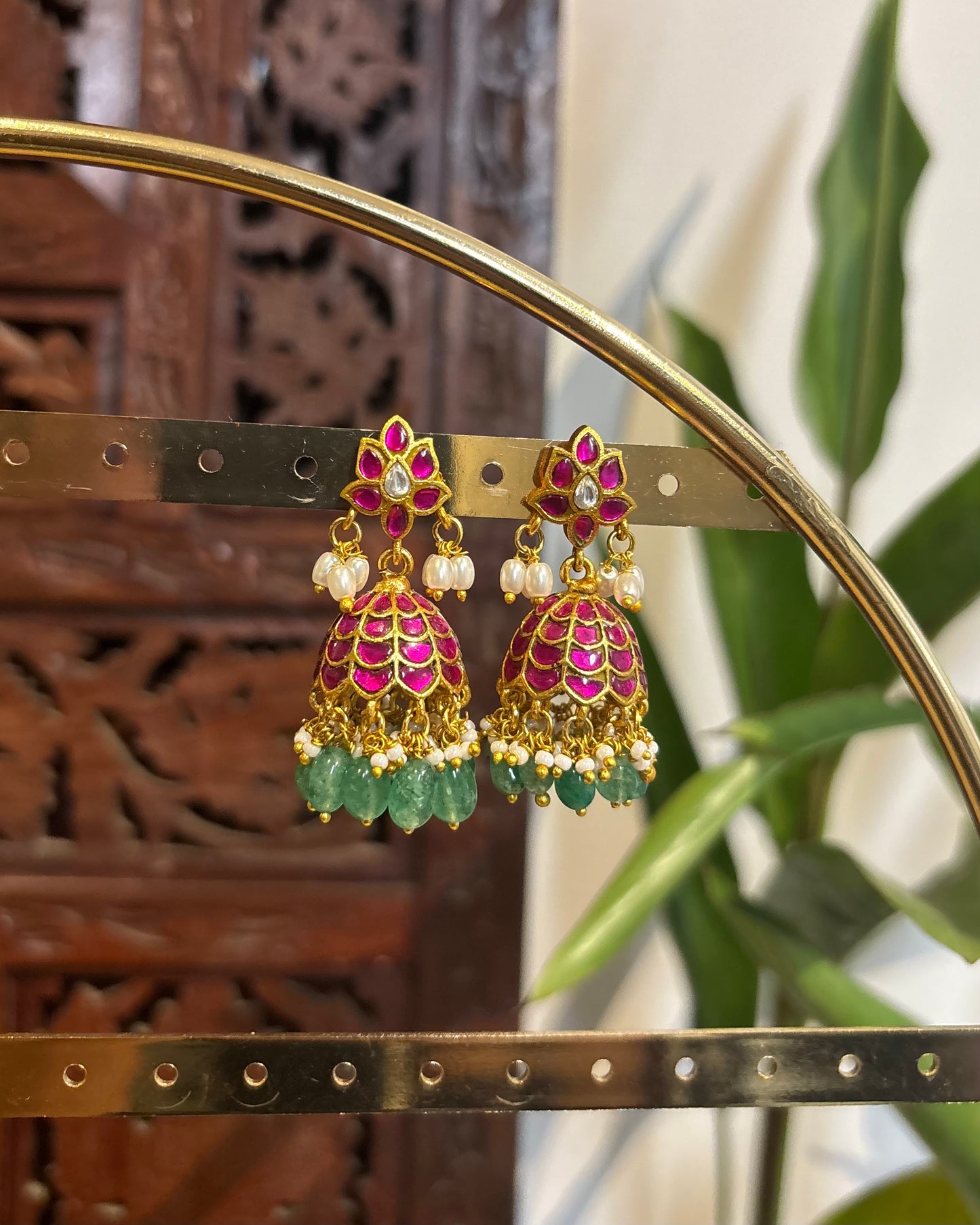 Pink FloralJadau Kundan Jhumkas with Hangings | ER148