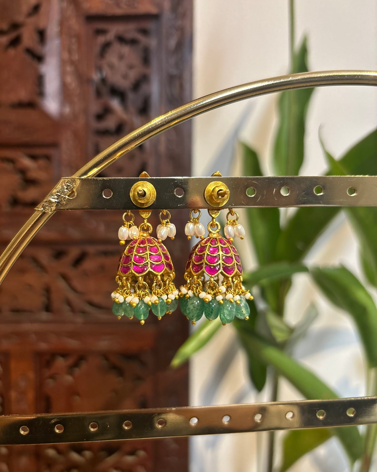 Pink FloralJadau Kundan Jhumkas with Hangings | ER148