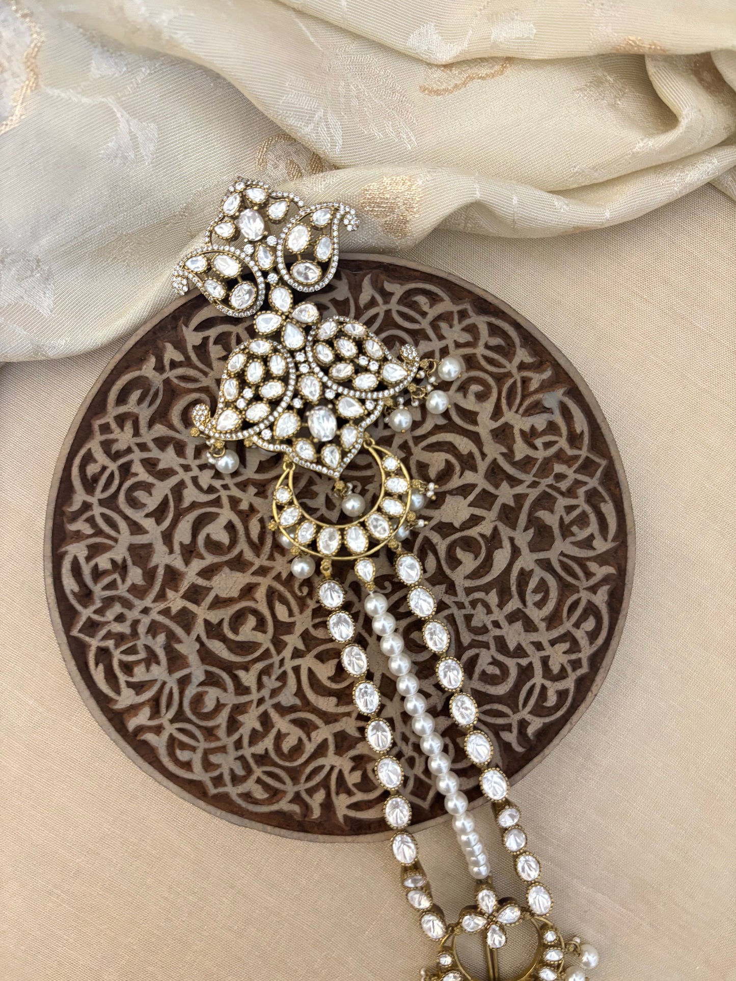 Moissanite & Pearl Long Hair Accessory – Elegant Bridal Jadai | HA113