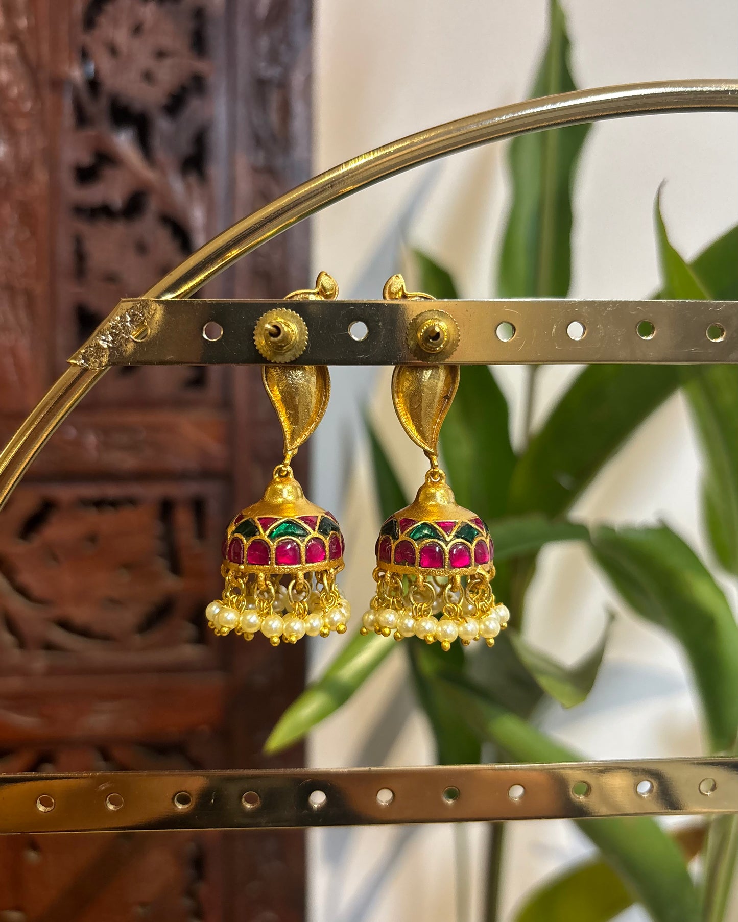 Parrot Minimal Multicolor Jadau Kundan Jhumkas with Pearl Hangings | ER149