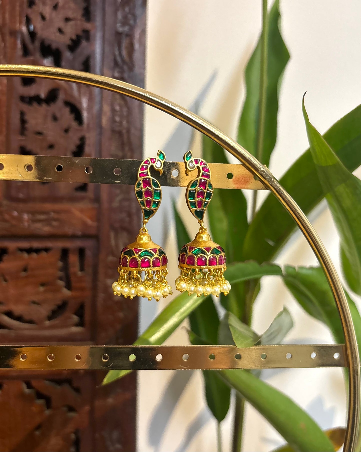 Parrot Minimal Multicolor Jadau Kundan Jhumkas with Pearl Hangings | ER149