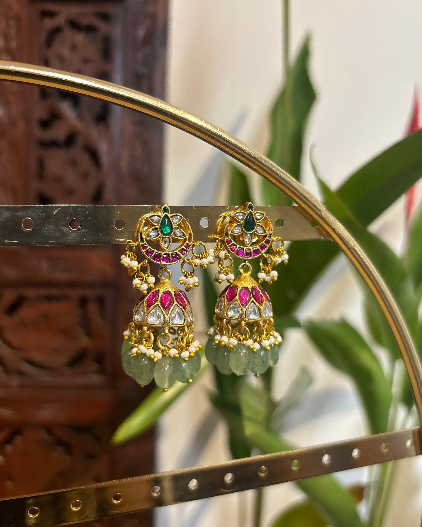 Floral Minimal Multicolor Jadau Kundan Jhumkas with Pearl Hangings | ER147