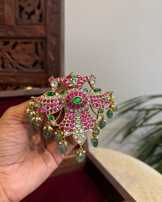 Multicolor Royal Double Pakshi Jadau Kundan Pendant | HA273