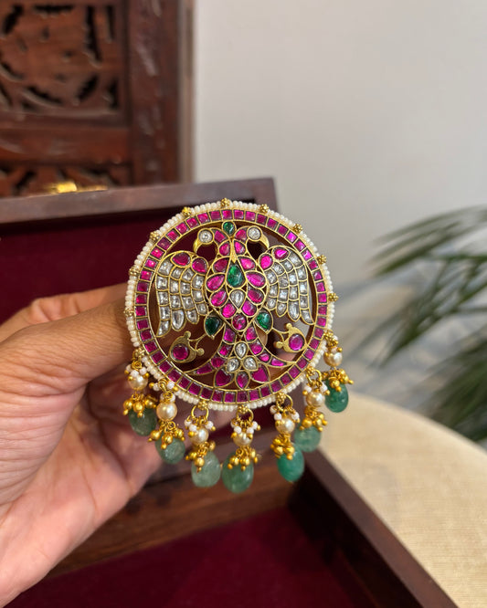 Multicolor Royal Double Pakshi Jadau Kundan Pendant | HA274