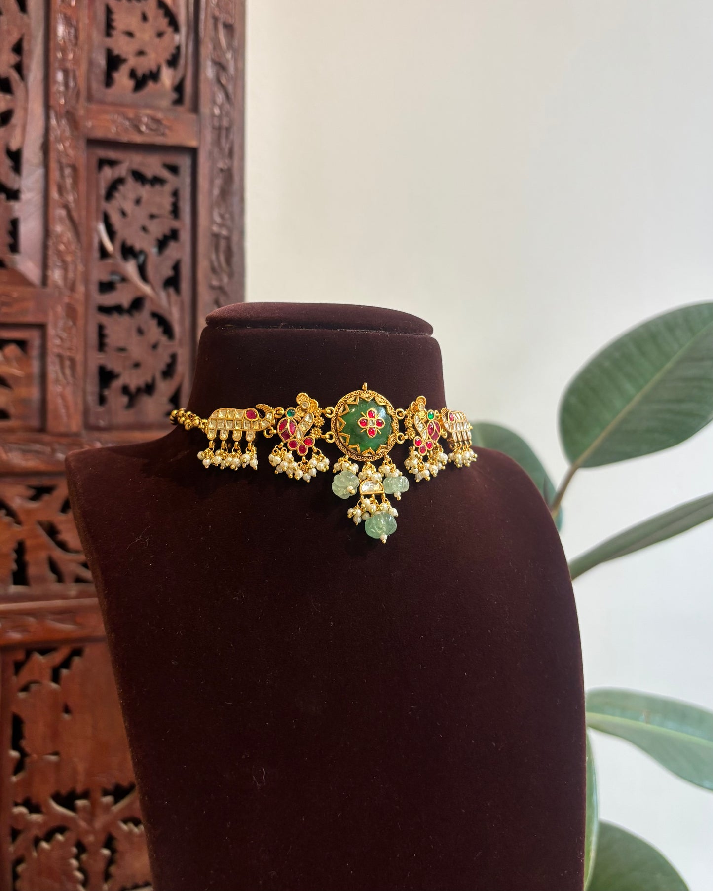 Vanam Kundan Gold-Plated Choker Set with Green Center Pendant | Varna Edit | NC288