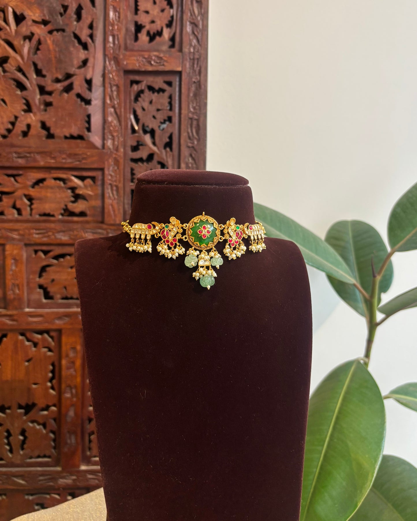 Vanam Kundan Gold-Plated Choker Set with Green Center Pendant | Varna Edit | NC288