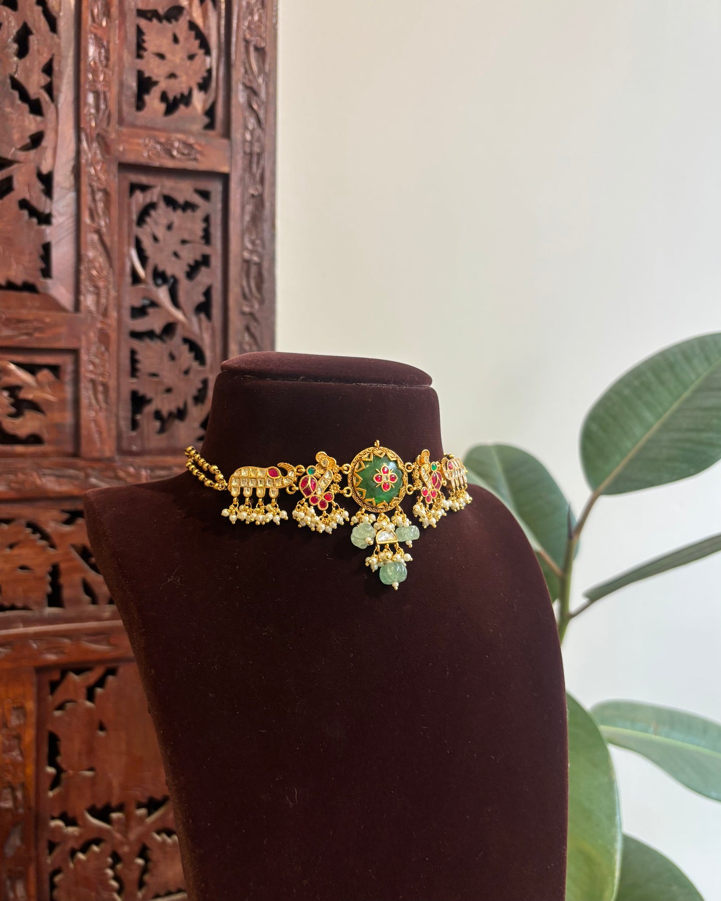 Vanam Kundan Gold-Plated Choker Set with Green Center Pendant | Varna Edit | NC288
