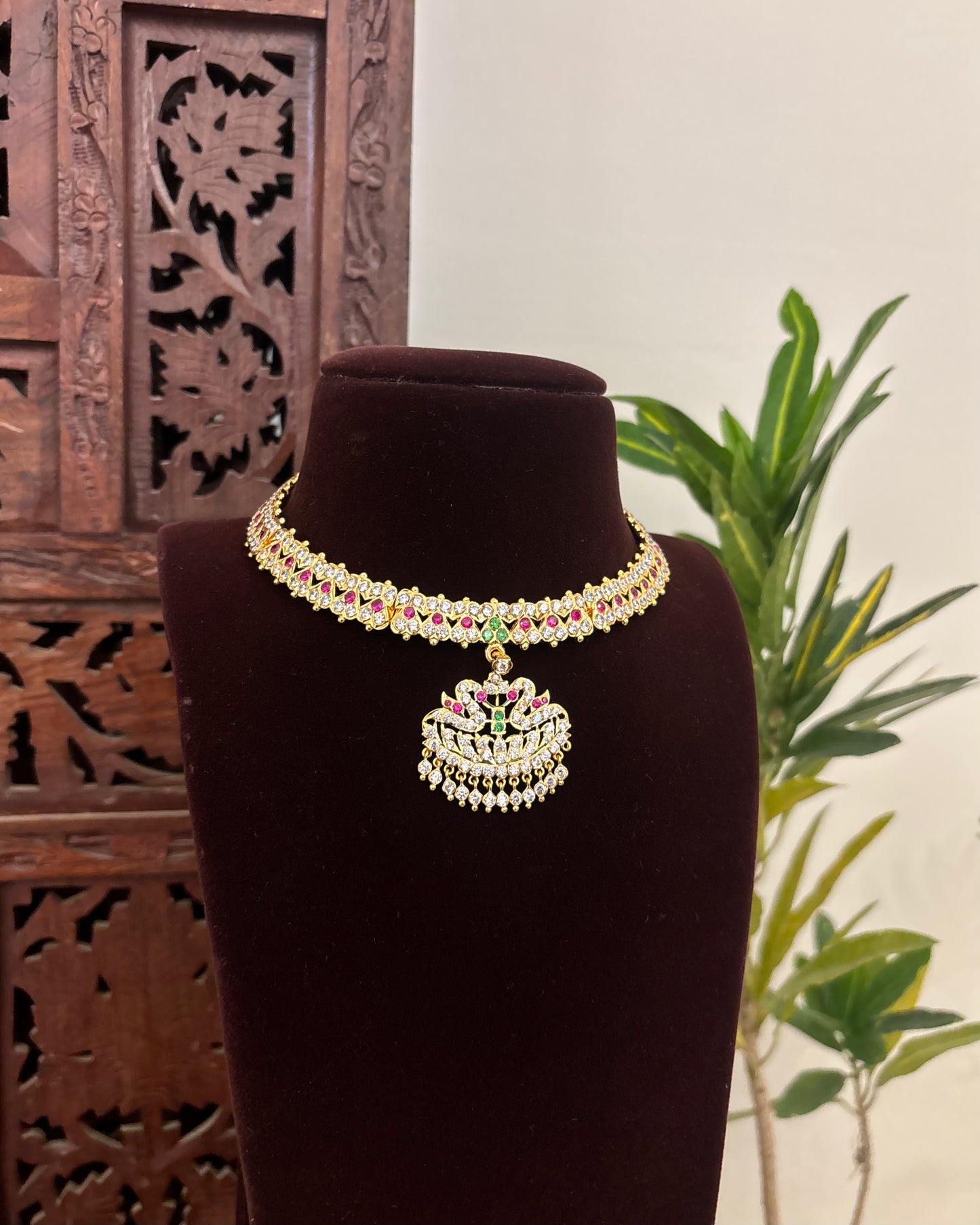 Floral Motif Impon Pendant Attigai Peacock Necklace With Earrings – Multi Colour| NC585