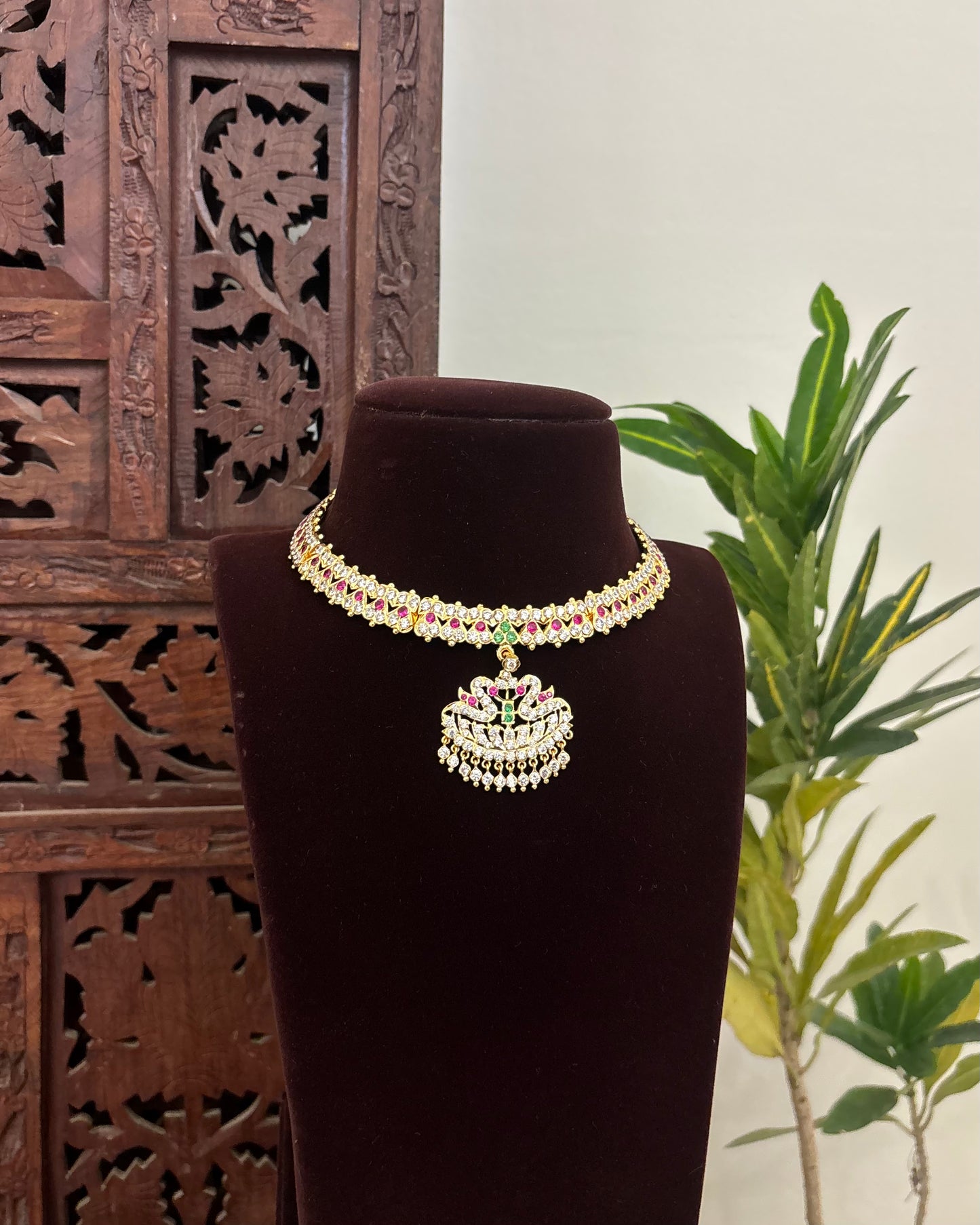 Floral Motif Impon Pendant Attigai Peacock Necklace With Earrings – Multi Colour| NC585