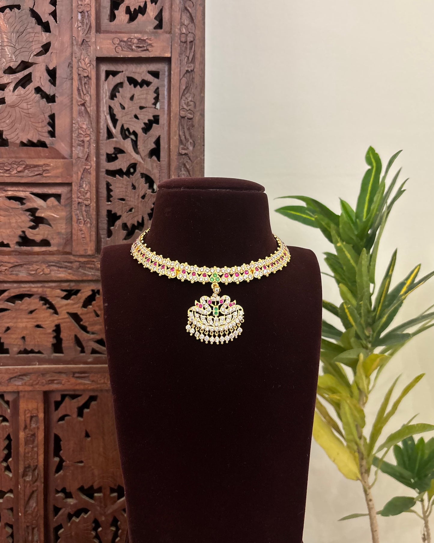 Floral Motif Impon Pendant Attigai Peacock Necklace With Earrings – Multi Colour| NC585