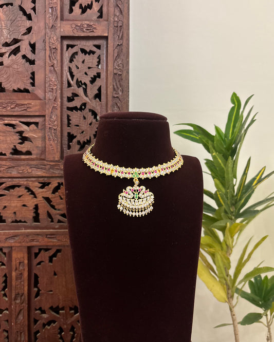 Floral Motif Impon Pendant Attigai Peacock Necklace With Earrings – Multi Colour| NC585
