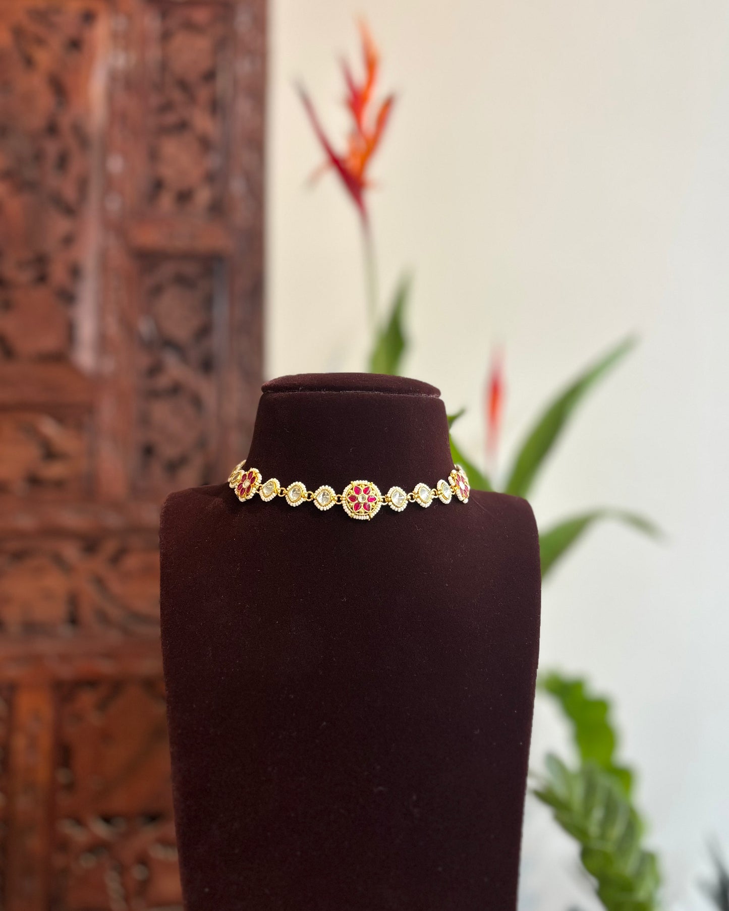 White and Pink Minimal Floral Kundan Choker | Handmade Gold Plated | NC178