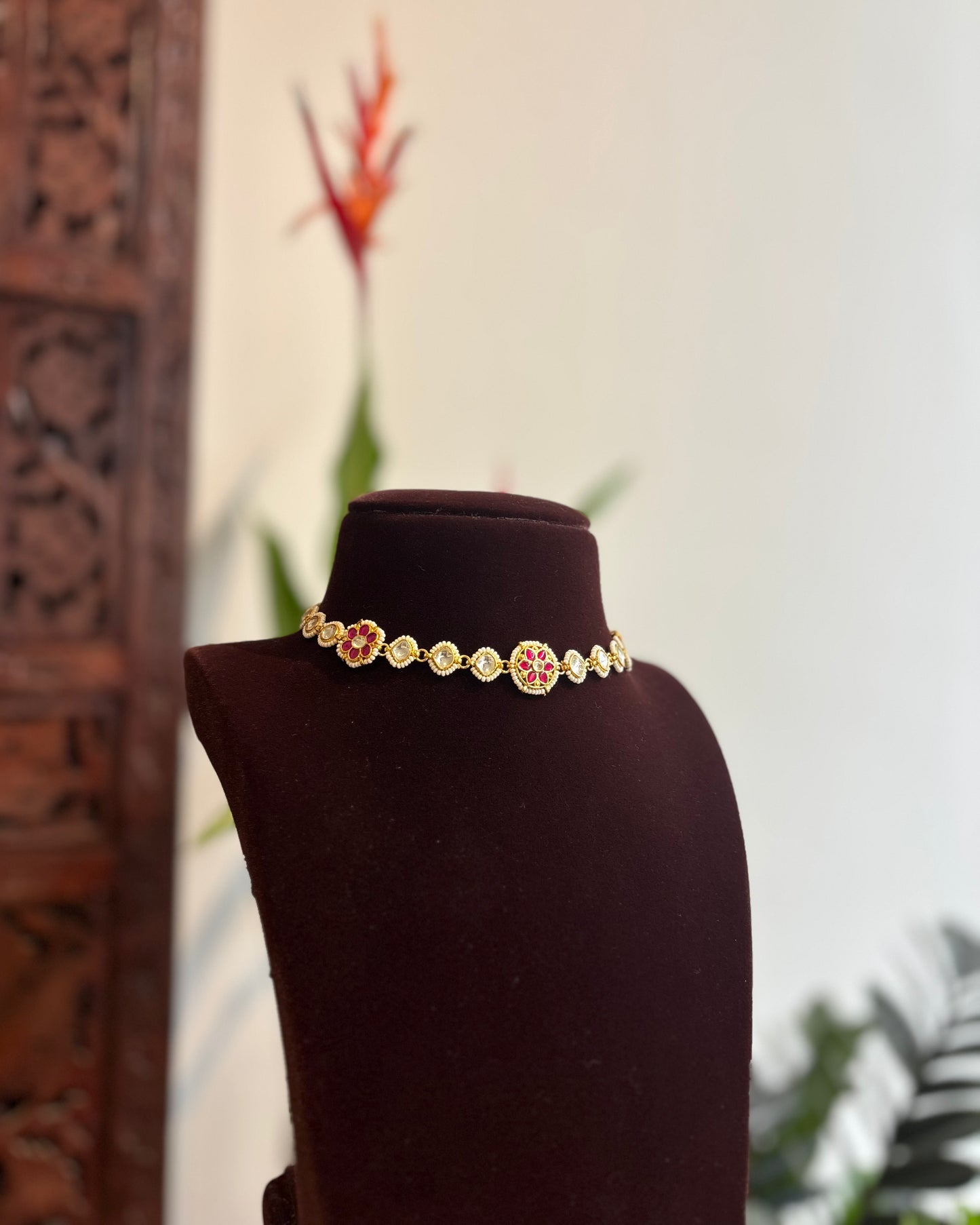 White and Pink Minimal Floral Kundan Choker | Handmade Gold Plated | NC178