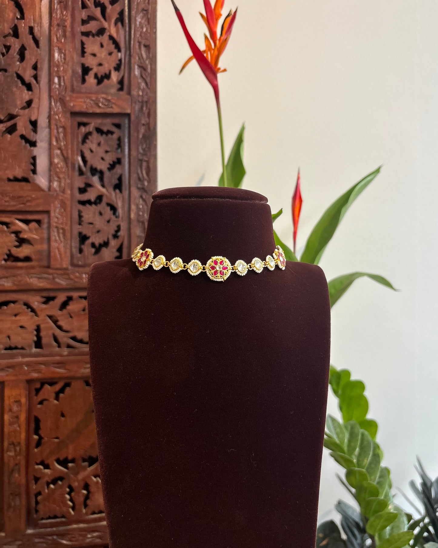 White and Pink Minimal Floral Kundan Choker | Handmade Gold Plated | NC178