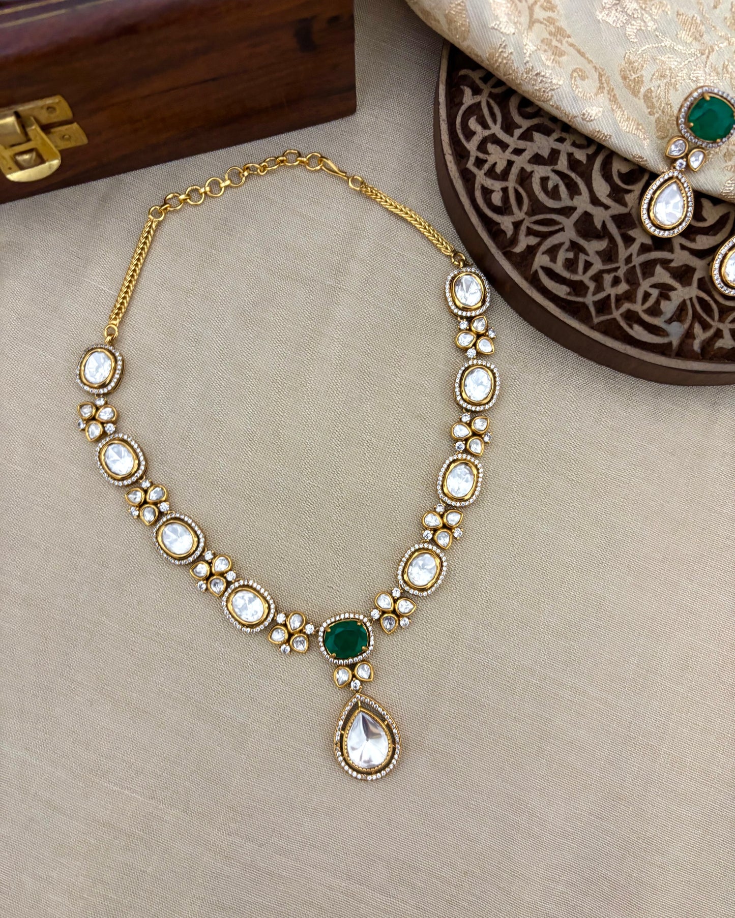 Minimal Mossanite Necklace Set with Green Stone Accent | NC116