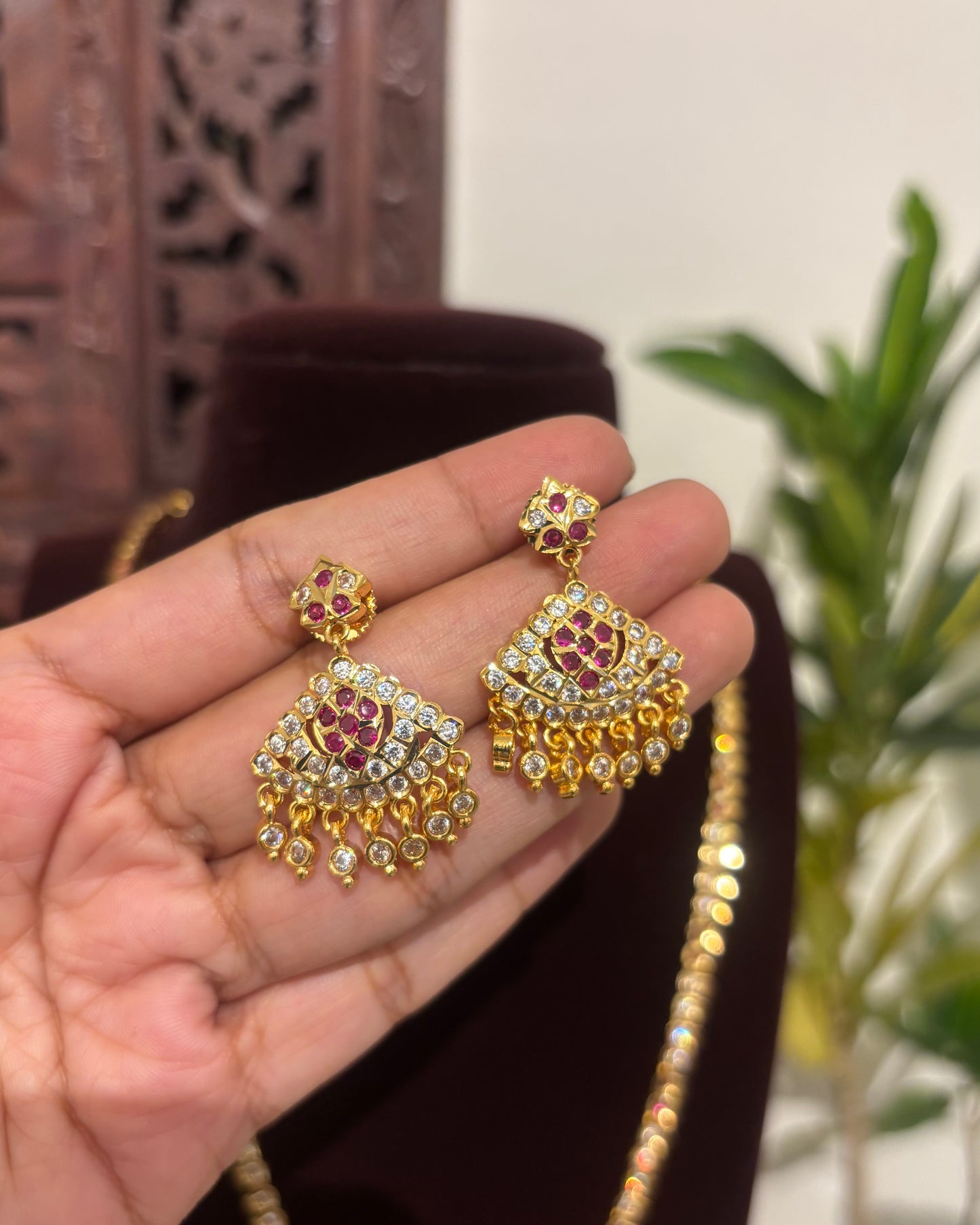 Floral Motif Impon Pendant Attigai Peacock Necklace With Earrings – Multi Colour | NC591