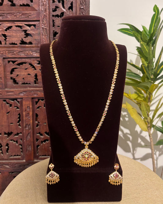 Floral Motif Impon Pendant Attigai Peacock Necklace With Earrings – Multi Colour | NC591