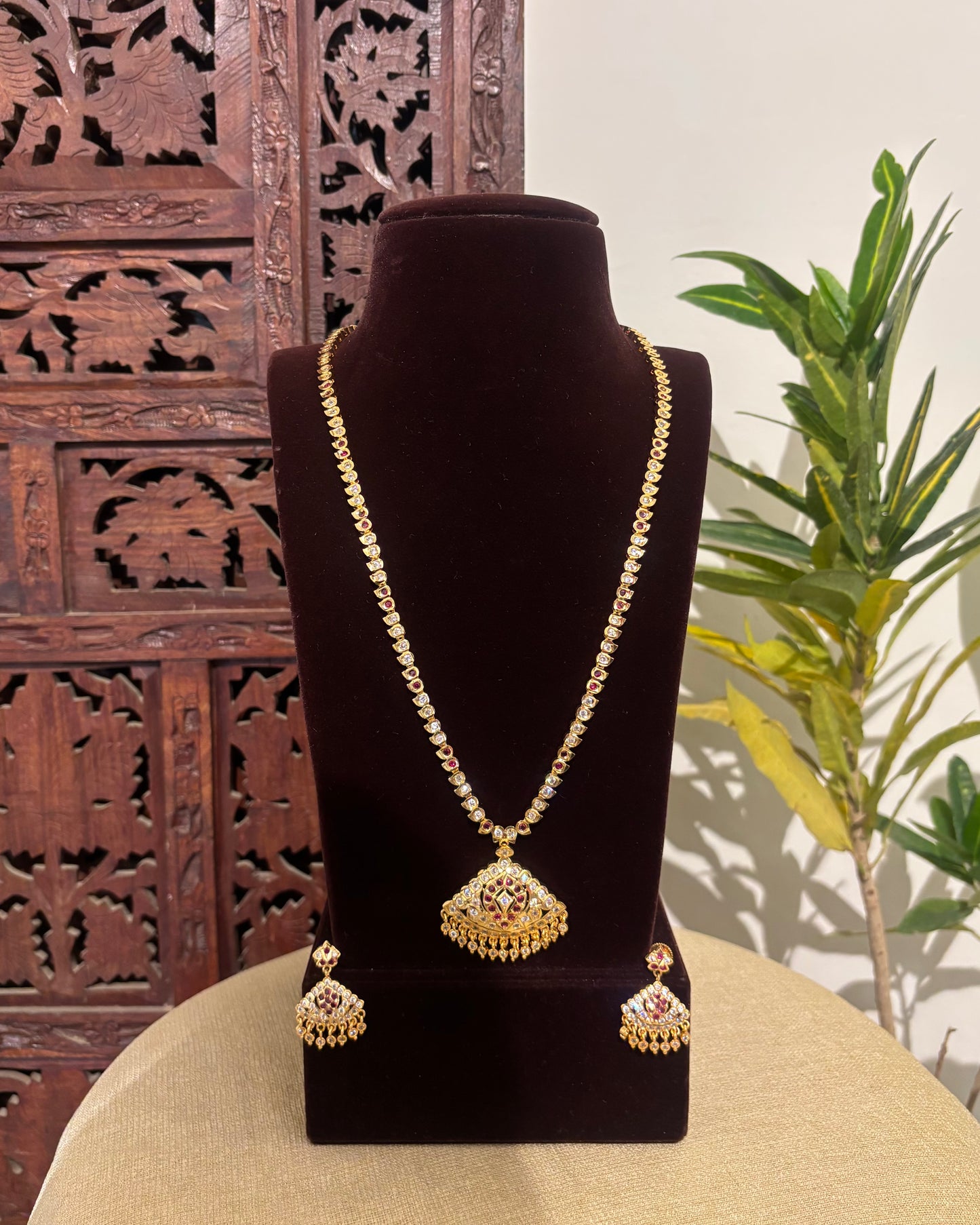 Floral Motif Impon Pendant Attigai Peacock Necklace With Earrings – Multi Colour | NC591