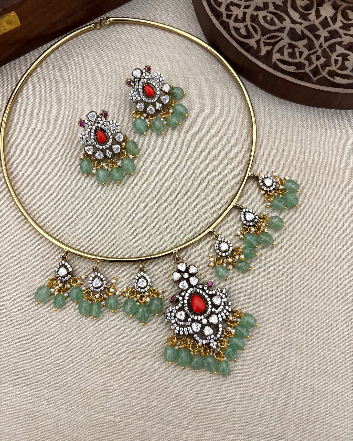 Peacock Kanti Necklace Set with Moissanite Drop Accents and Matching Earrings | NC107