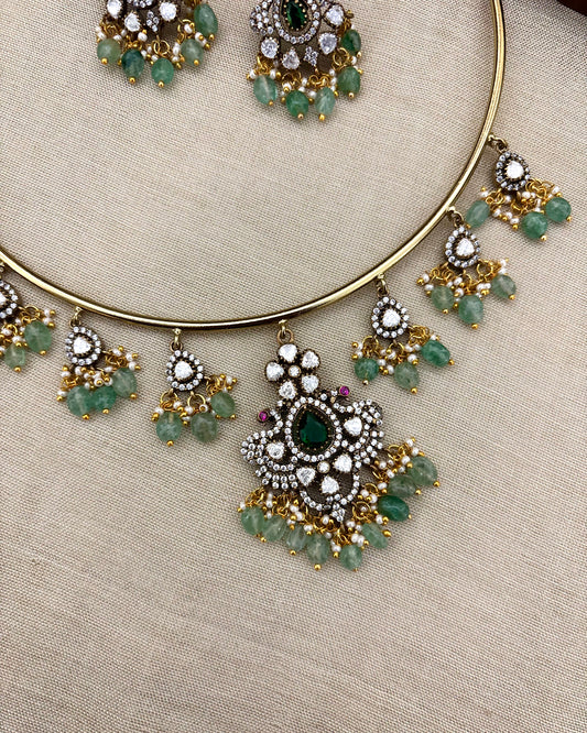 Peacock Kanti Necklace Set with Moissanite Drop Accents and Matching Earrings | NC108