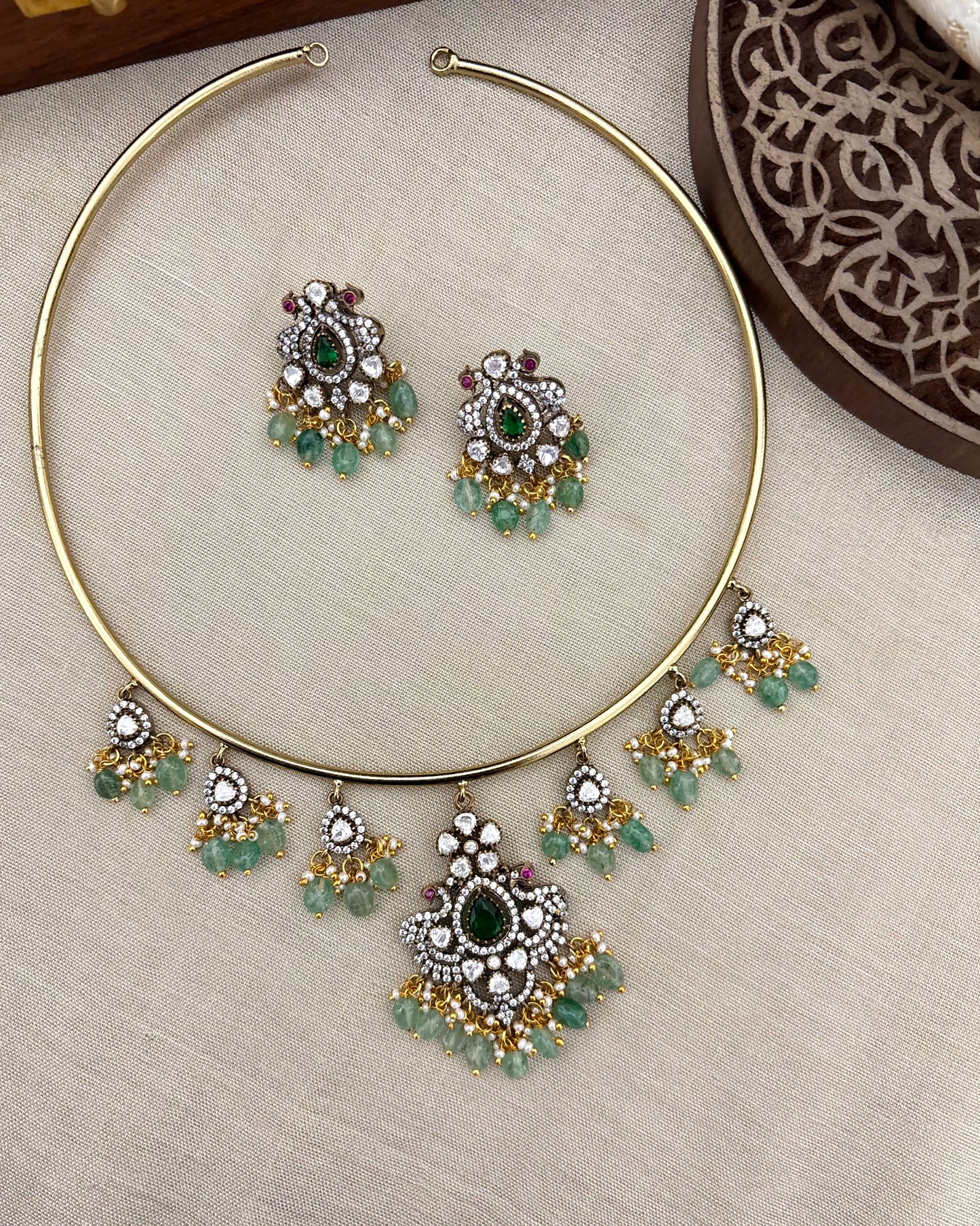 Peacock Kanti Necklace Set with Moissanite Drop Accents and Matching Earrings | NC108