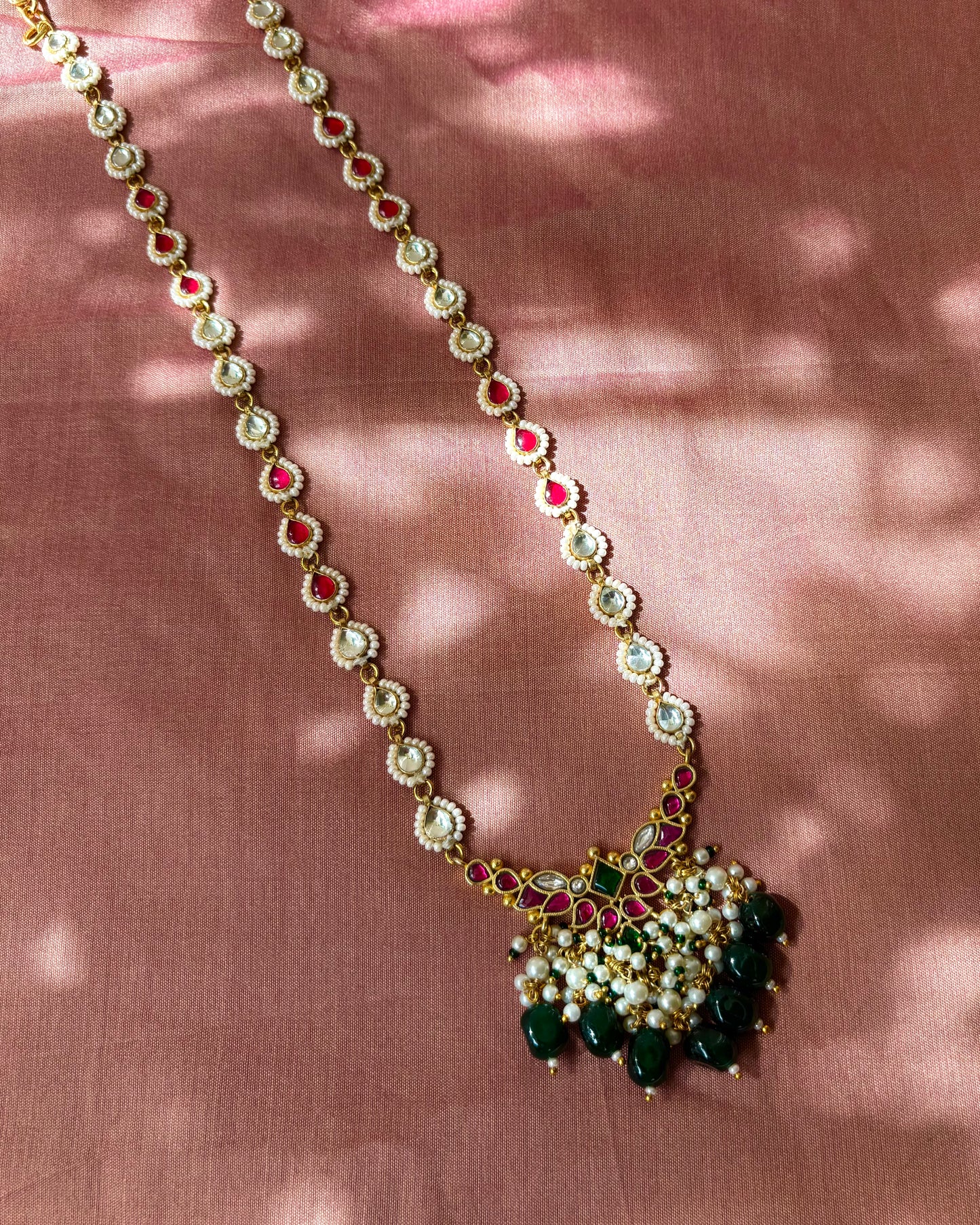 Jadau Kundan Gold-Plated Necklace with Floral Pendant & Tear-Drop Chain | NC051