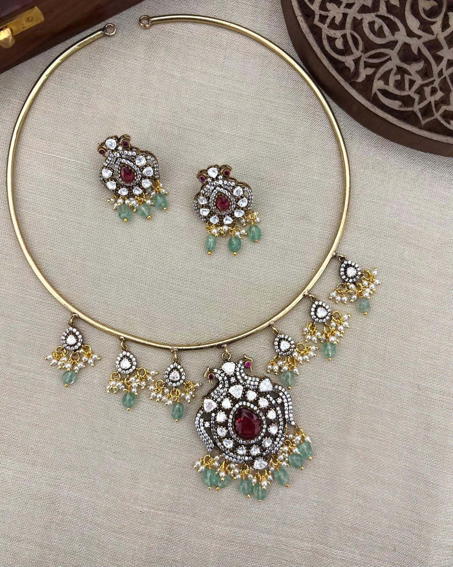 Peacock Kanti Necklace Set with Moissanite Drop Accents and Matching Earrings | NC109