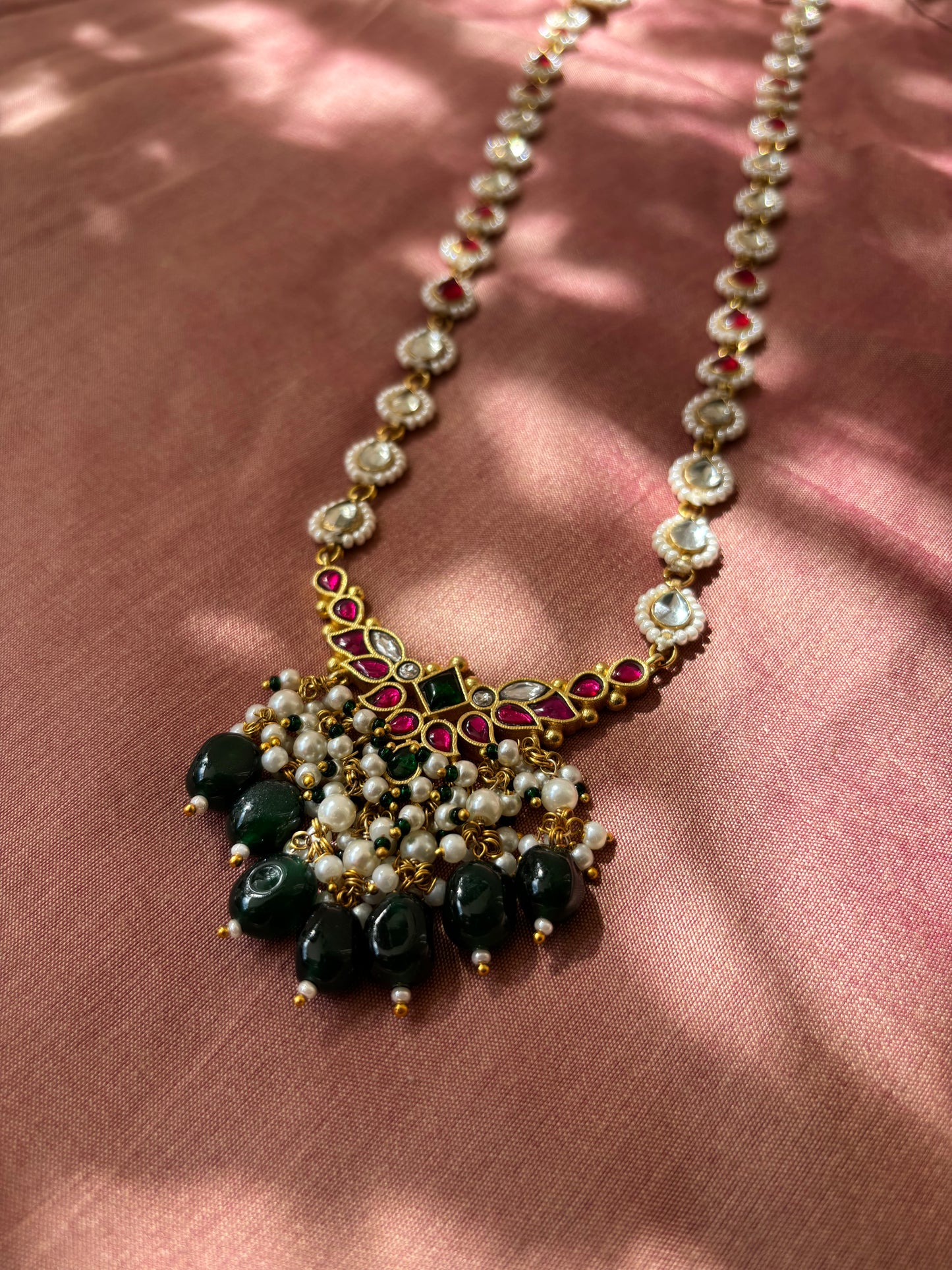 Jadau Kundan Gold-Plated Necklace with Floral Pendant & Tear-Drop Chain | NC051
