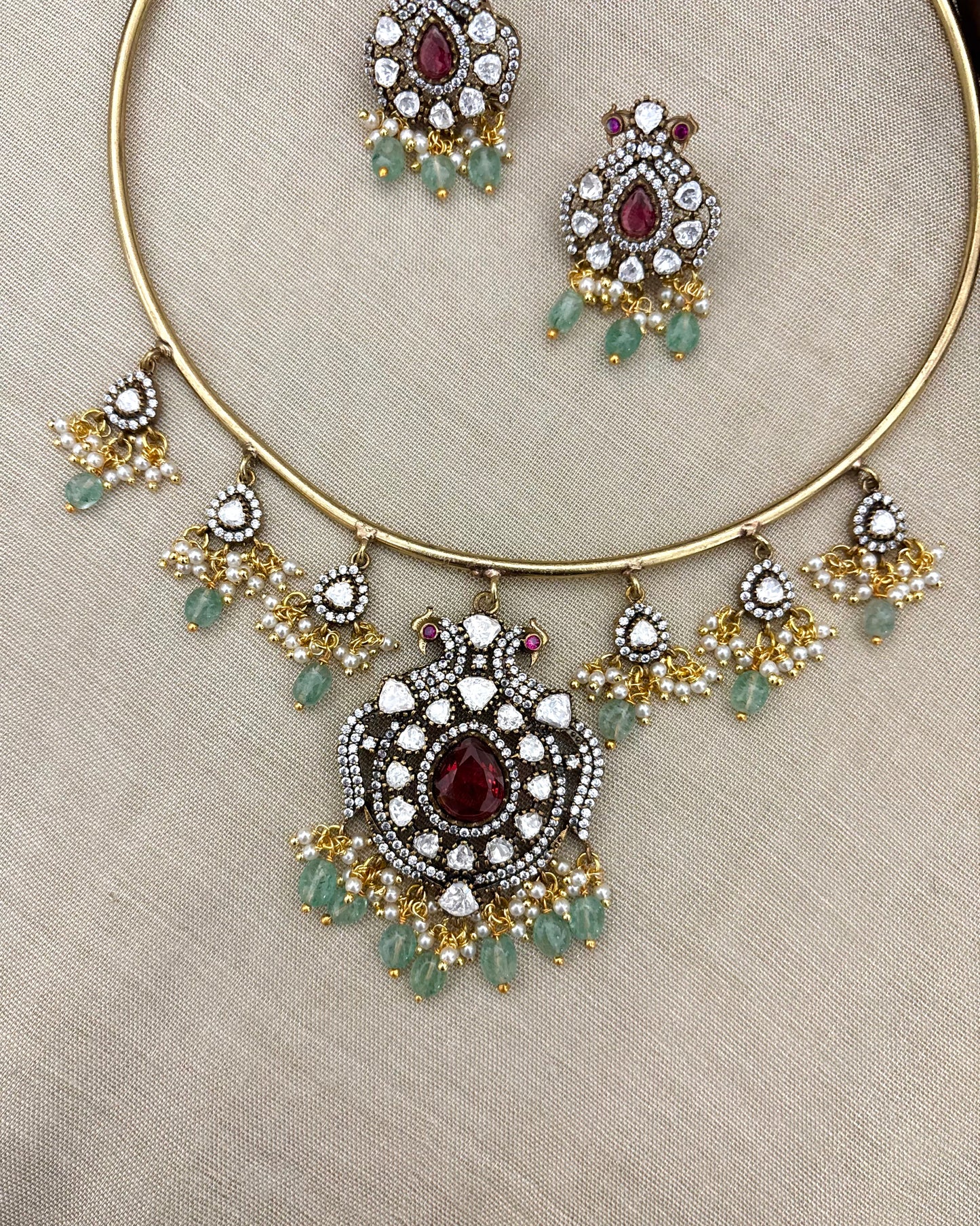 Peacock Kanti Necklace Set with Moissanite Drop Accents and Matching Earrings | NC109