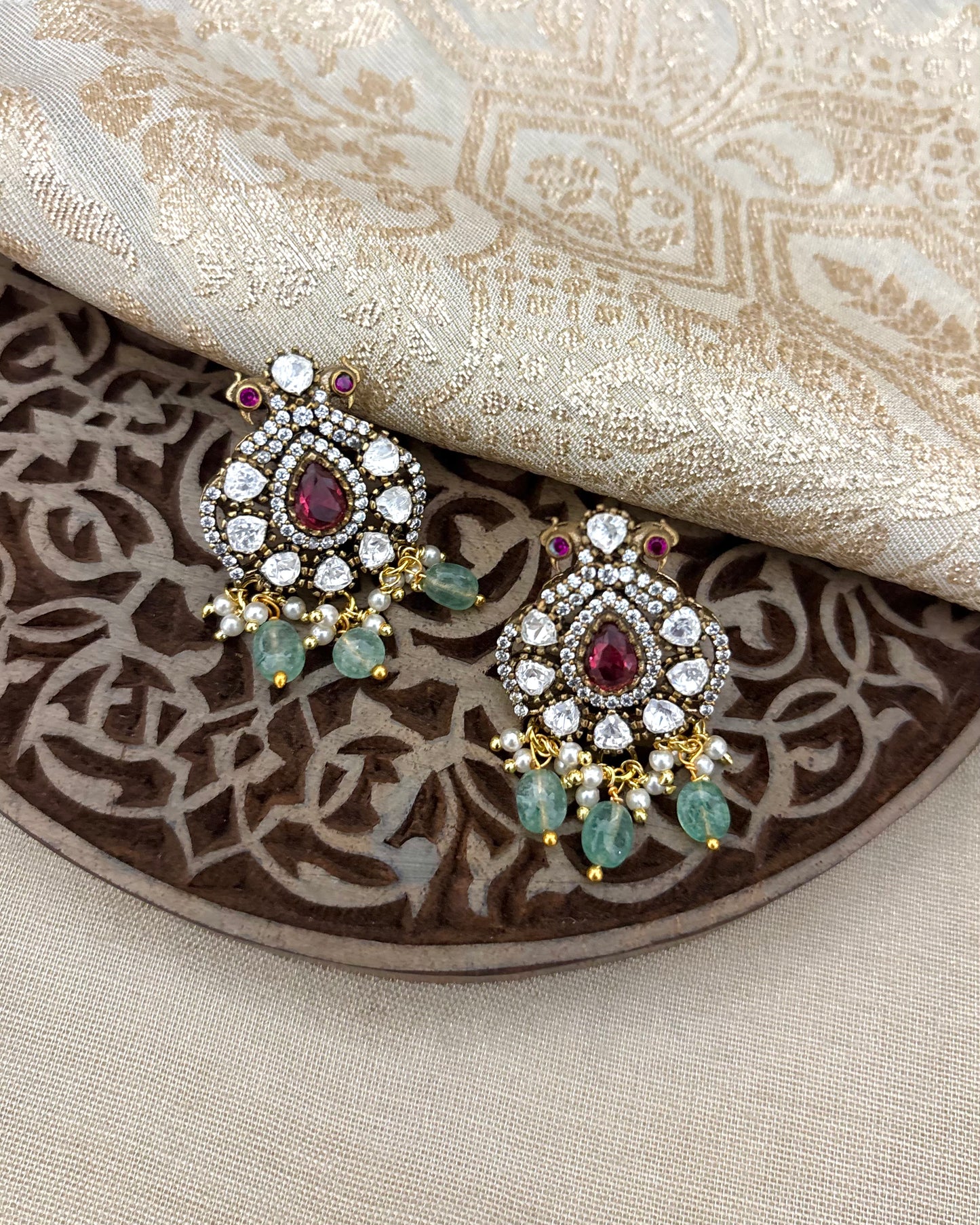 Peacock Kanti Necklace Set with Moissanite Drop Accents and Matching Earrings | NC109